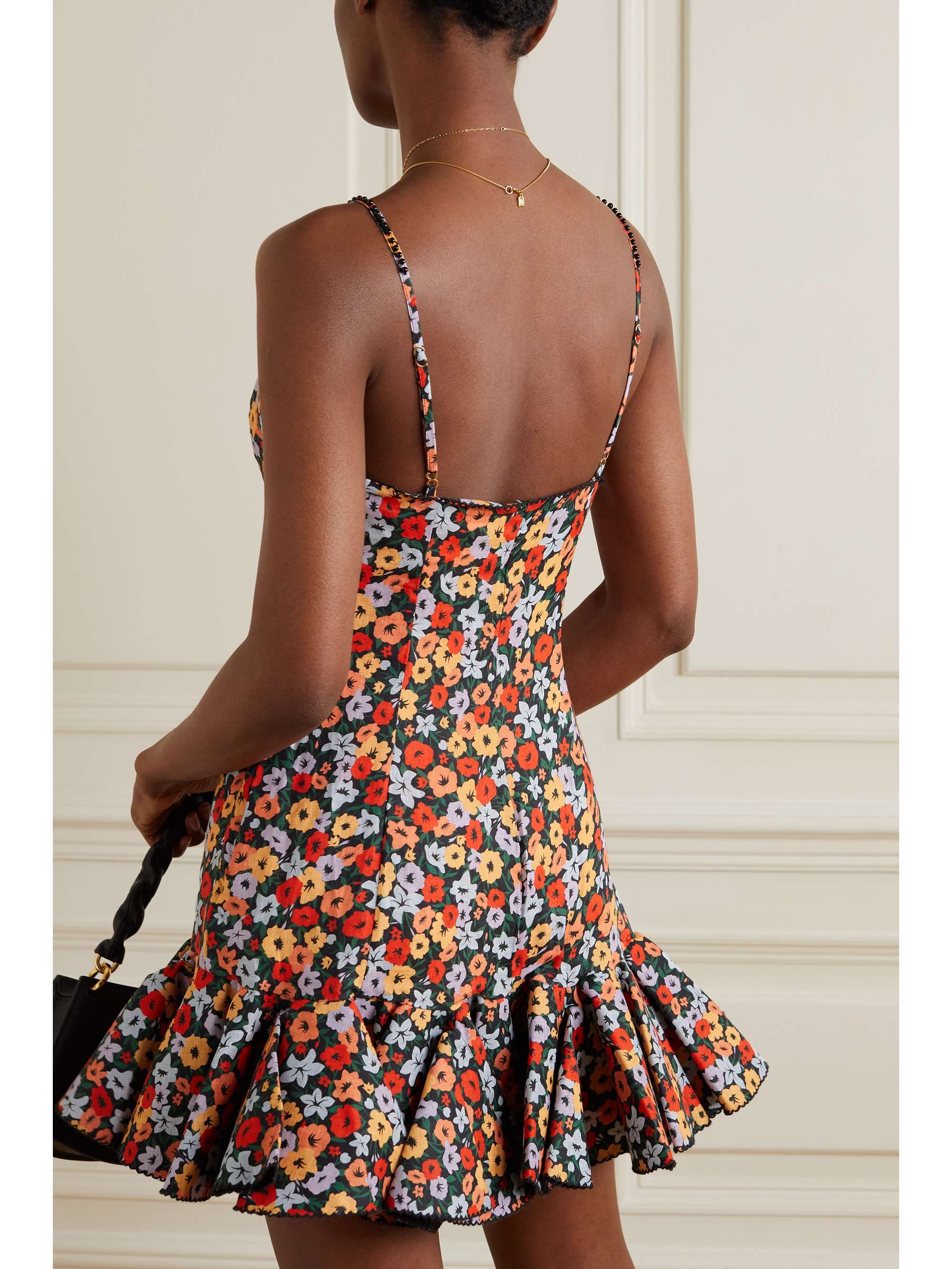 AGUA BY AGUA BENDITA Tumbao ruffled embellished floral-print linen mini dress