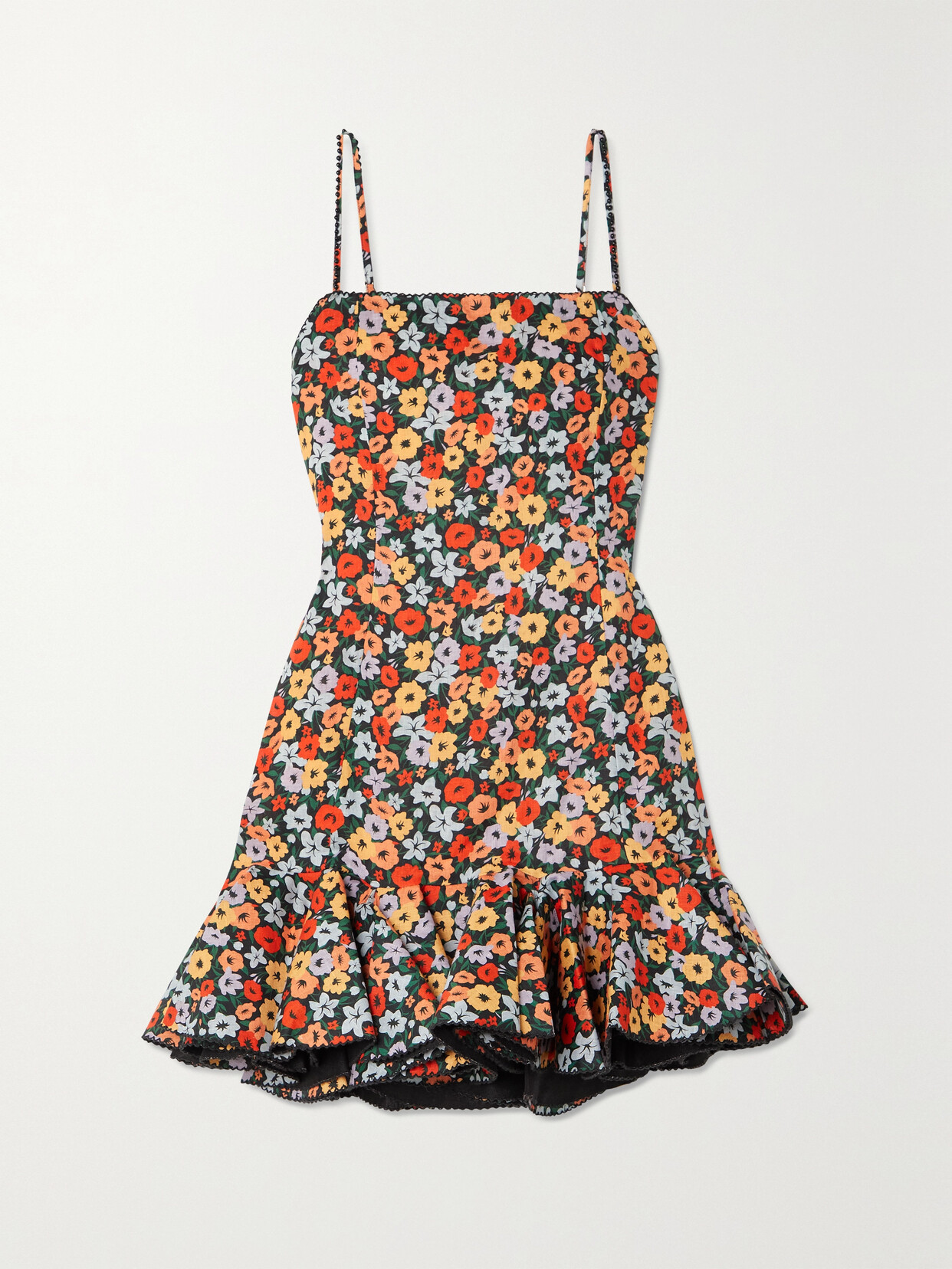 Agua By Agua Bendita Tumbao Ruffled Embellished Floral-print Linen Mini Dress In Red