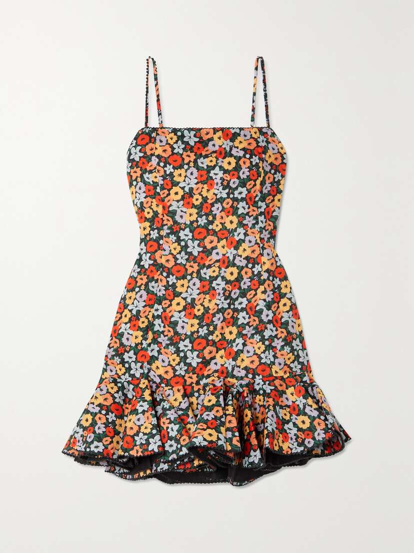 Agua by Agua Bendita Tumbao Ruffled Embellished Floral-print Linen Mini Dress