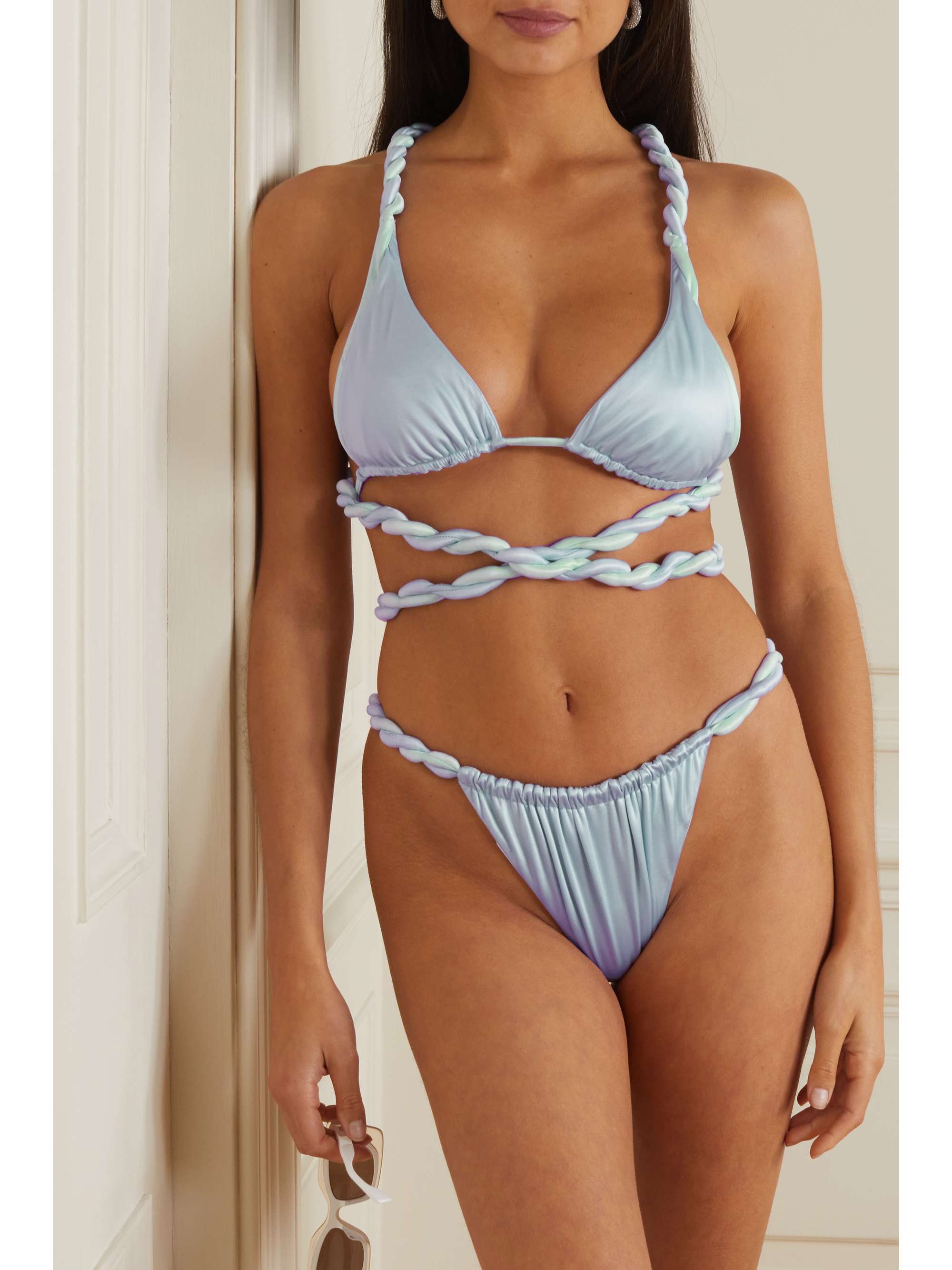 ISA BOULDER Rope reversible twisted ruched stretch-satin bikini briefs
