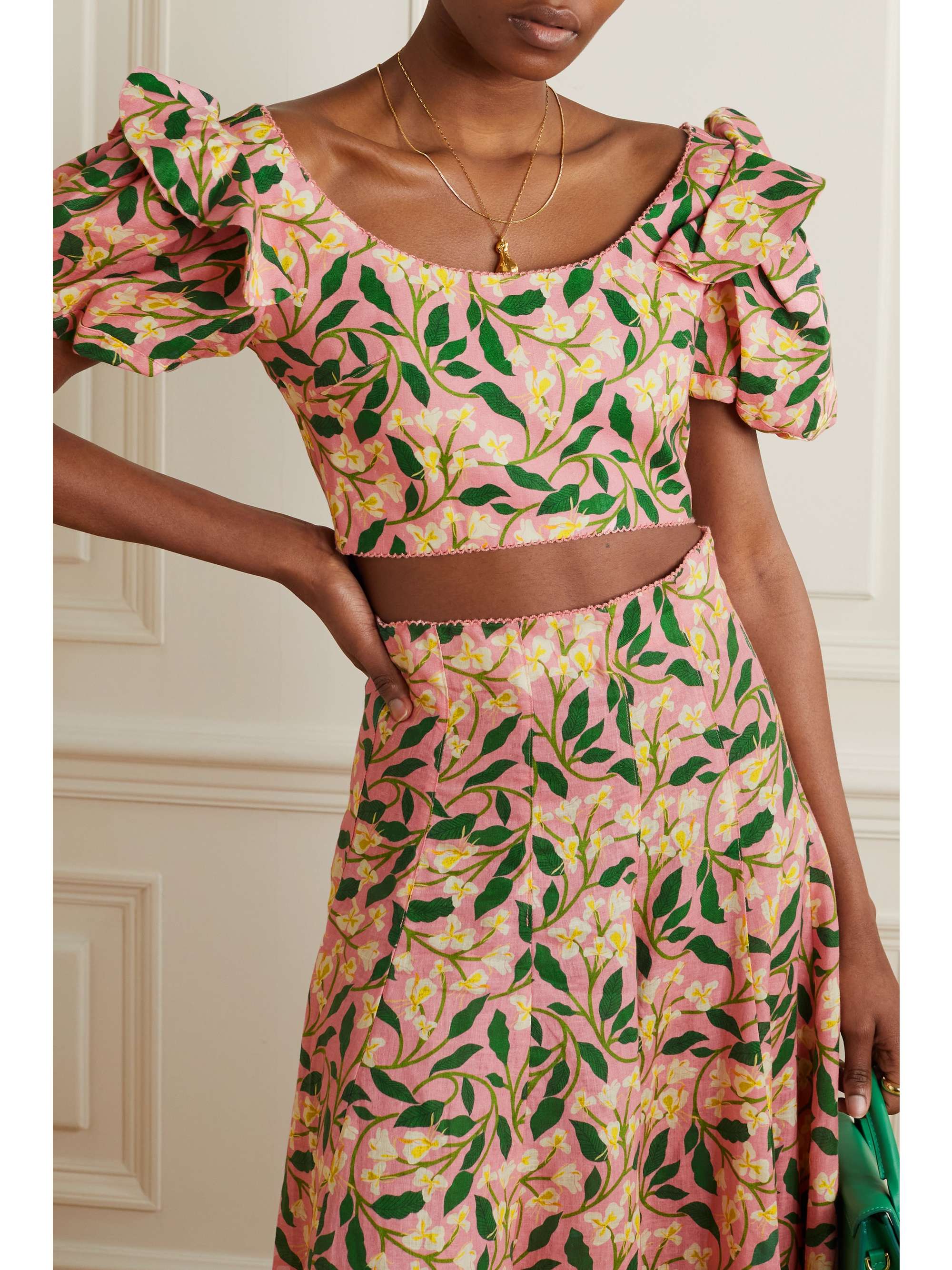 AGUA BY AGUA BENDITA Nova cropped ruffled floral-print linen top