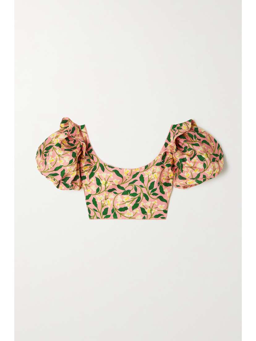 Agua by Agua Bendita Nova Cropped Ruffled Floral-print Linen Top - x large