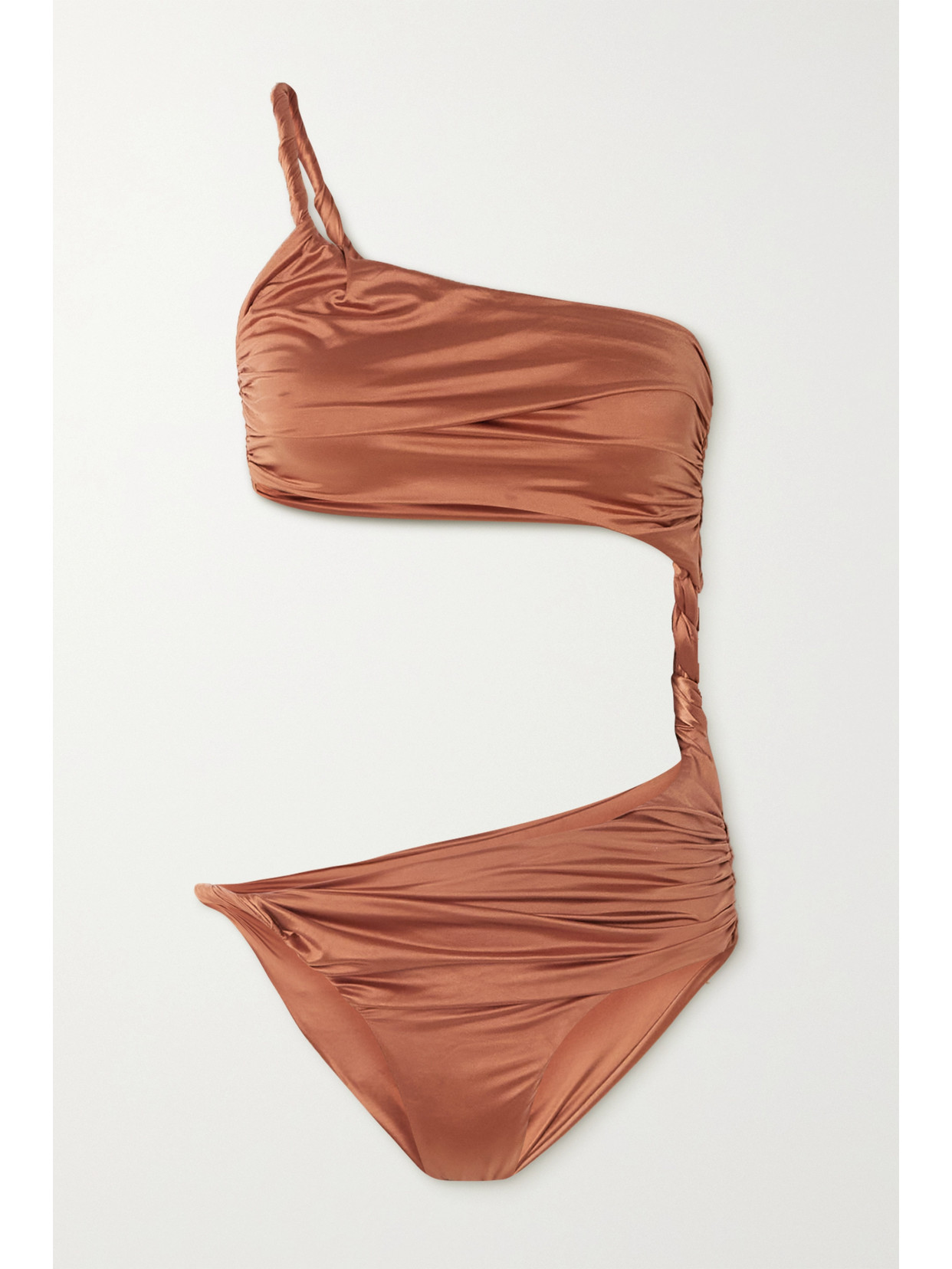 Isa Boulder One-shoulder Metallic Twisted Cutout Ruched Stretch-satin Swimsuit - large