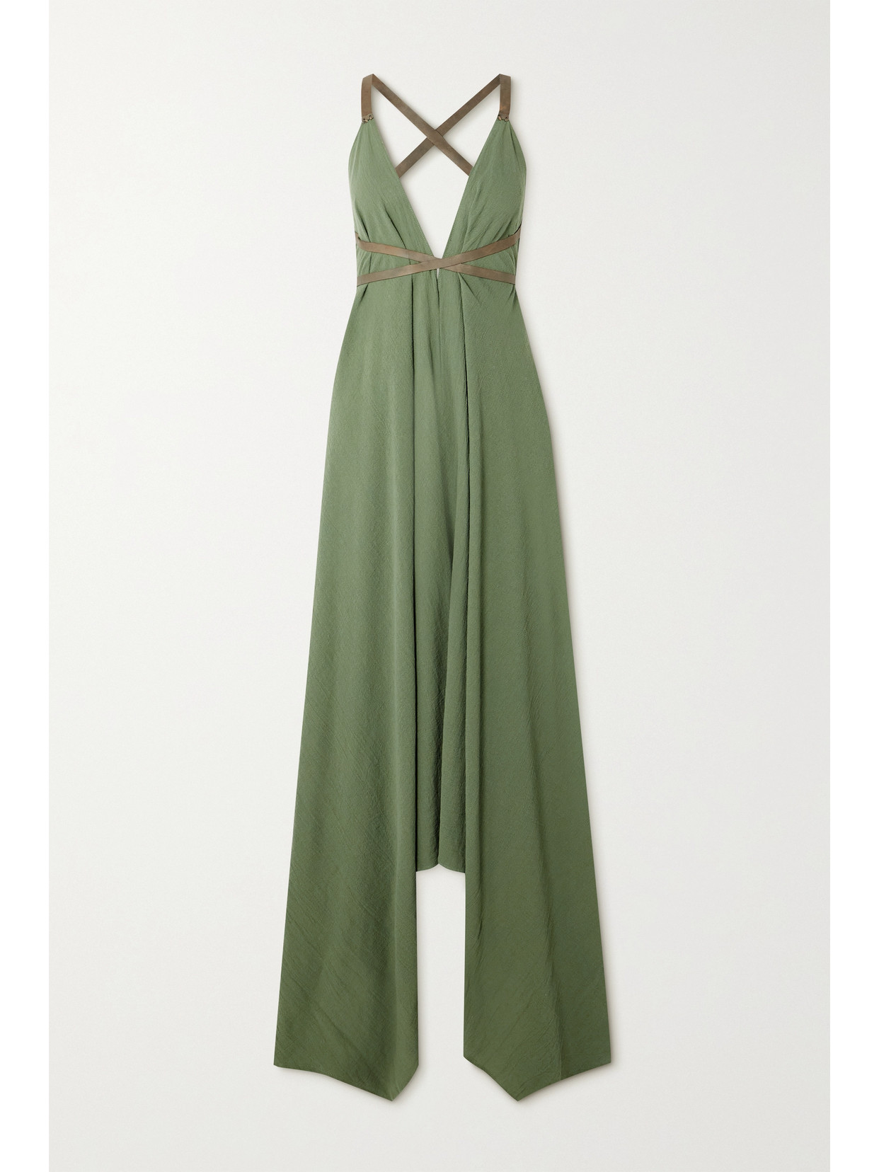 CARAVANA ABALKAN OPEN-BACK LEATHER-TRIMMED COTTON-GAUZE HALTERNECK MAXI DRESS