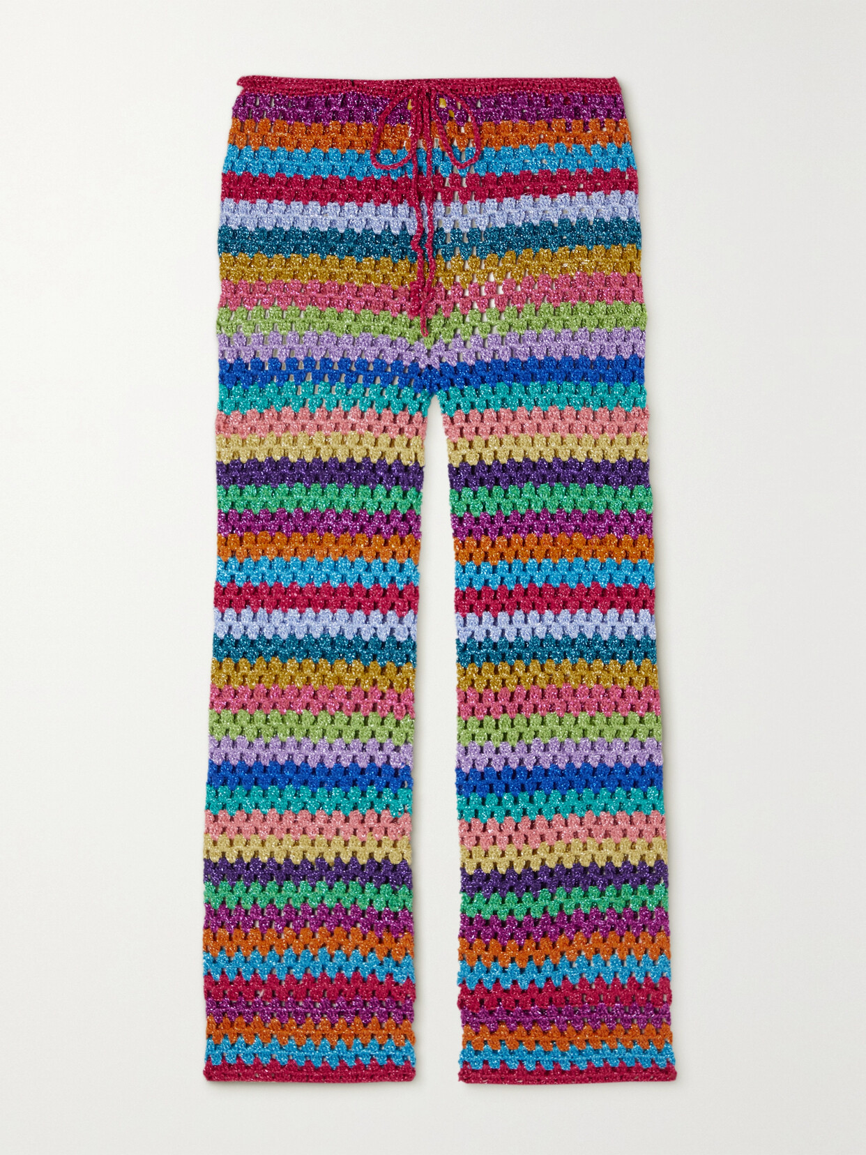 Rose Carmine Metallic Striped Crochet-knit Slim-leg Trousers In Pink