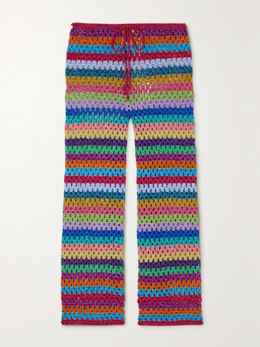 ROSE CARMINE Metallic Striped Crochet-knit Slim-leg Pants