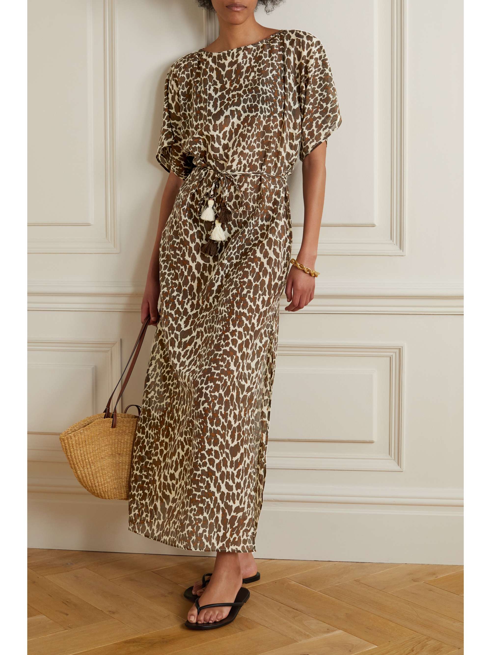 TORY BURCH Tasseled leopard-print cotton and silk-blend chiffon kaftan |  NET-A-PORTER