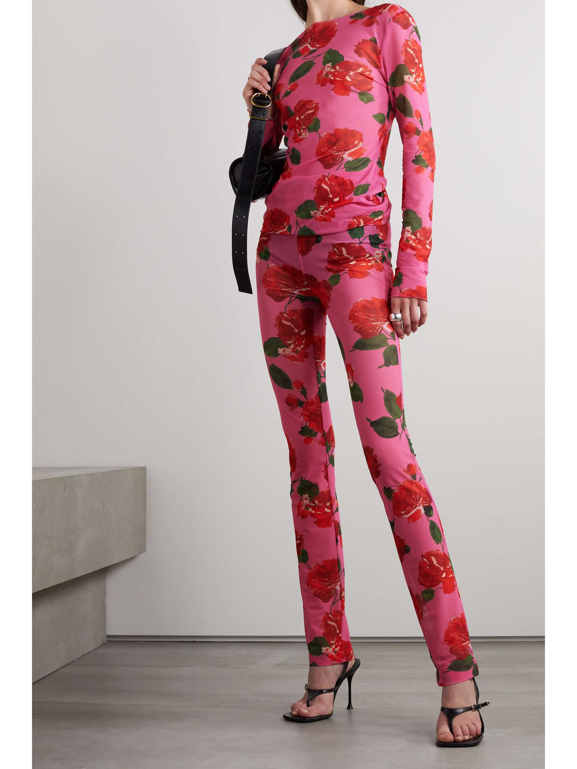 Pink Floral-print stretch-mesh leggings 