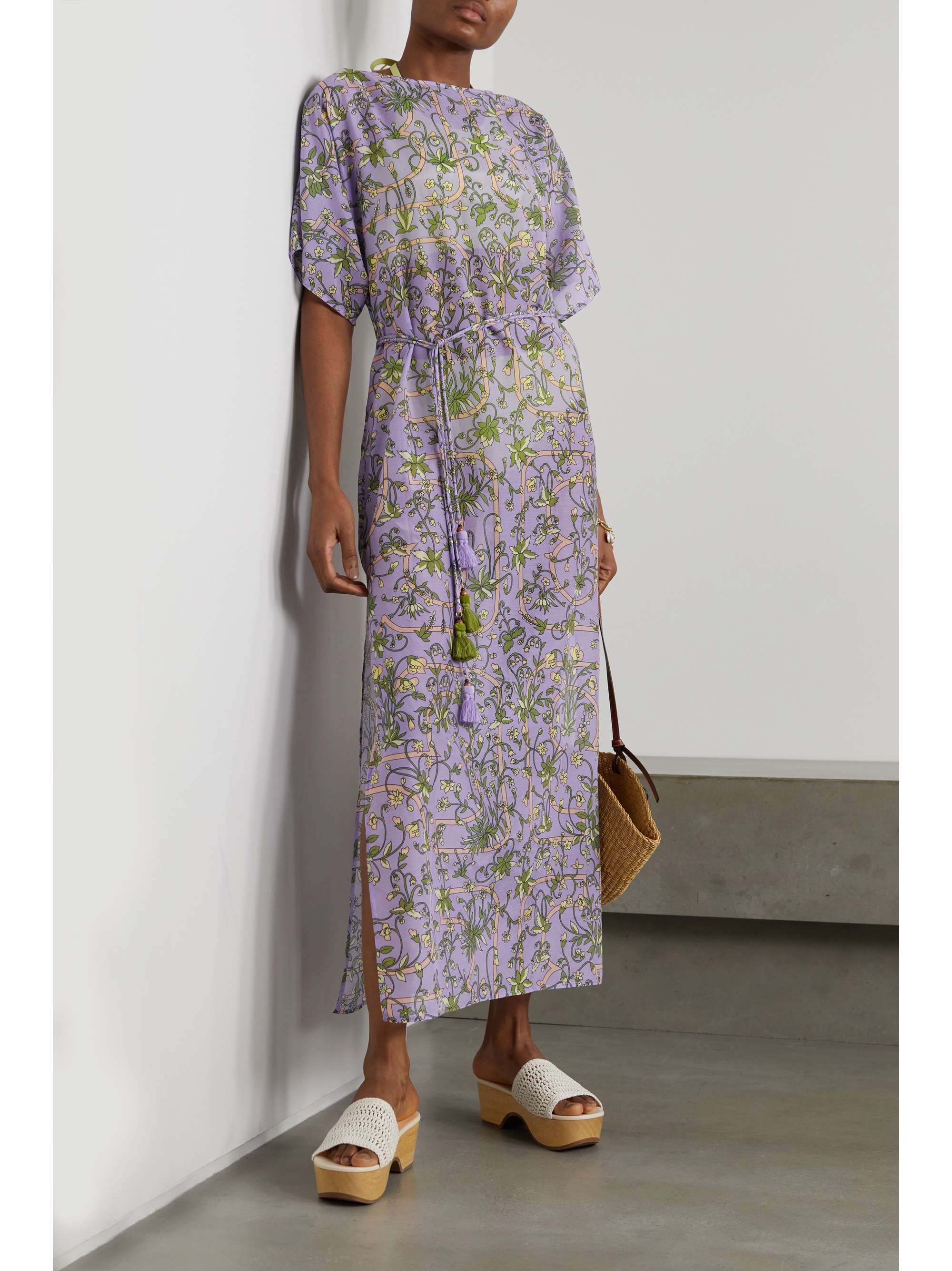 TORY BURCH Tasseled belted floral-print cotton and silk-blend kaftan |  NET-A-PORTER