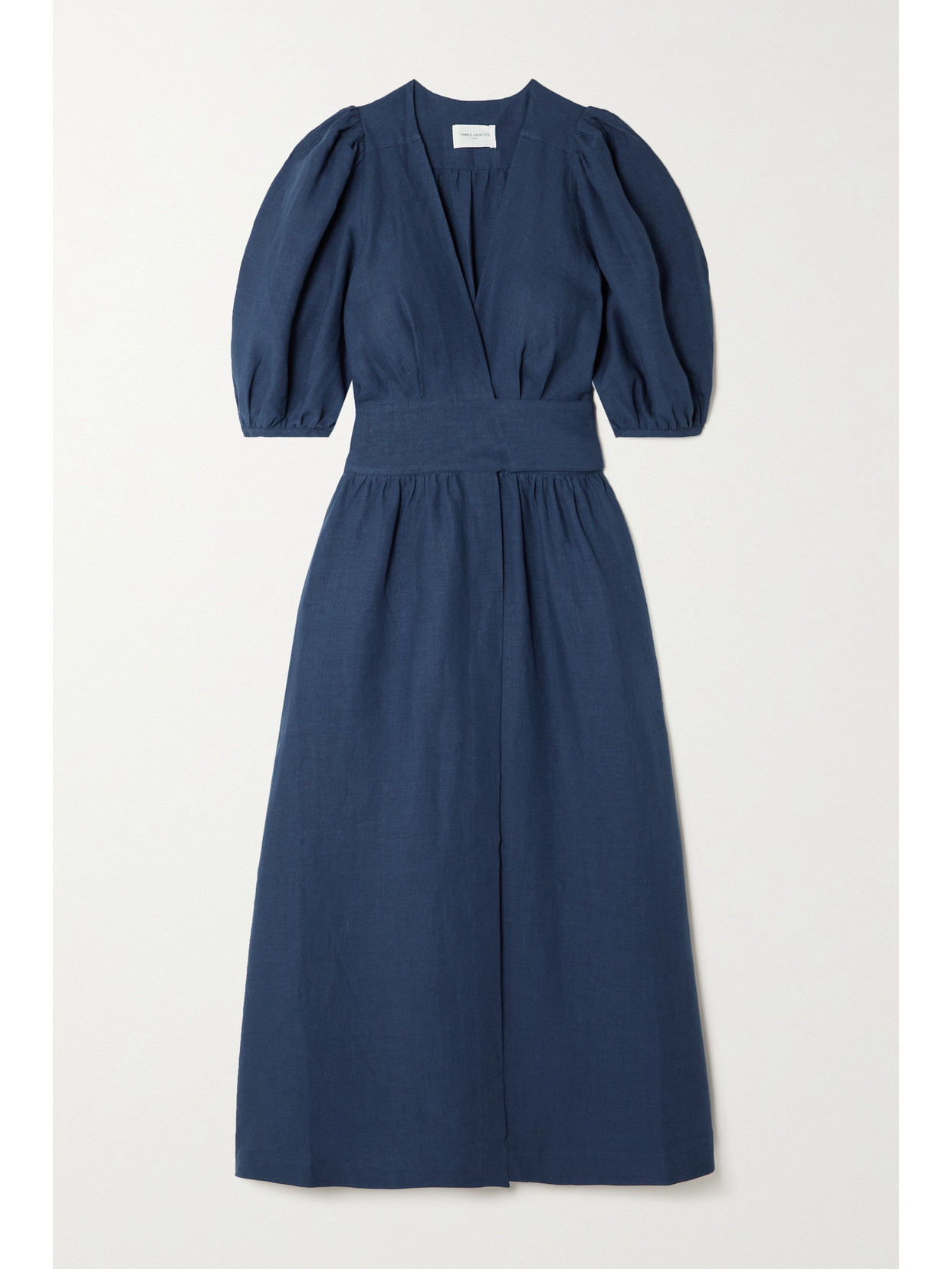 Three Graces London Fiona Linen Wrap Midi Dress - Blue