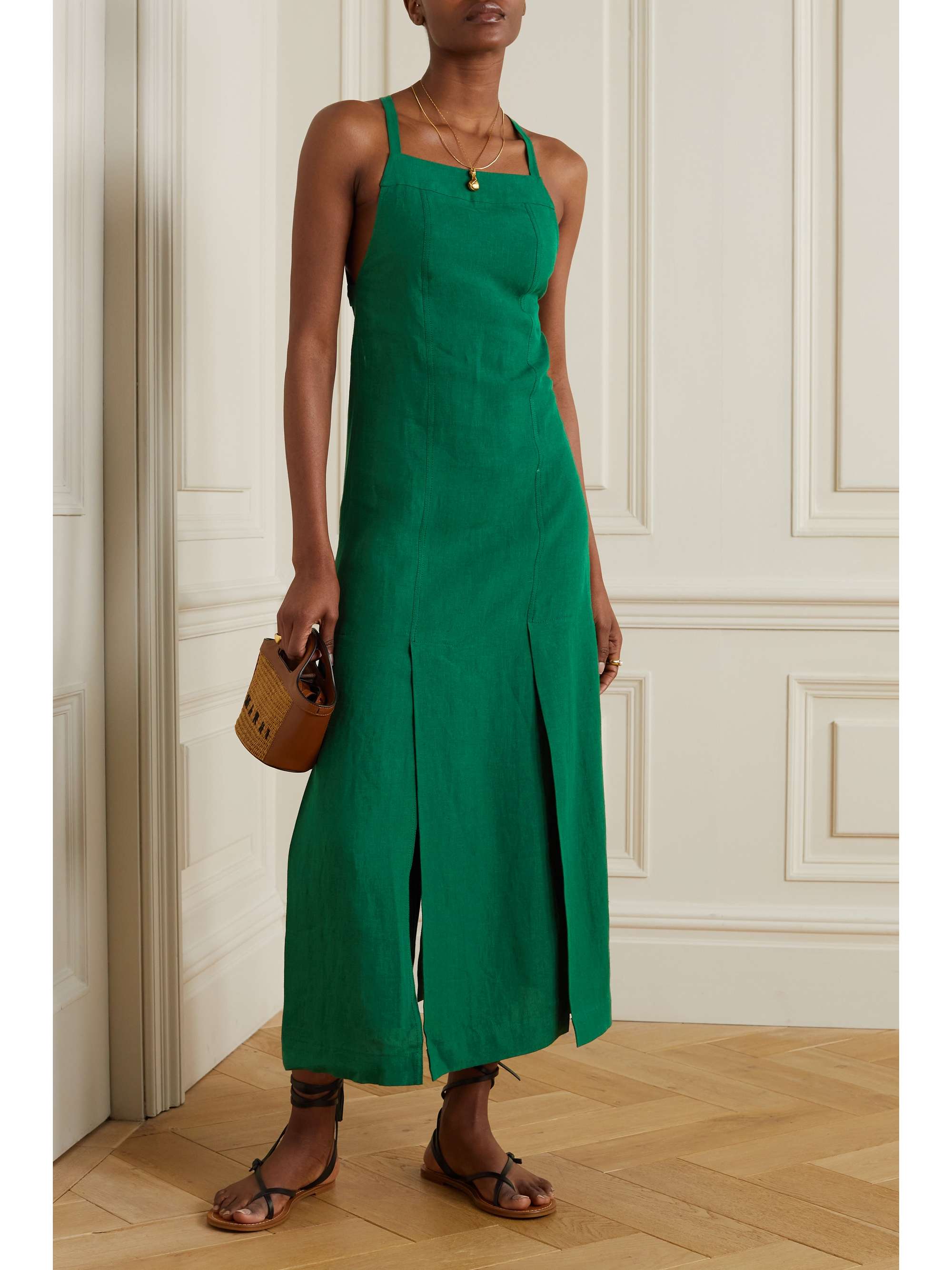 green linen midi dress