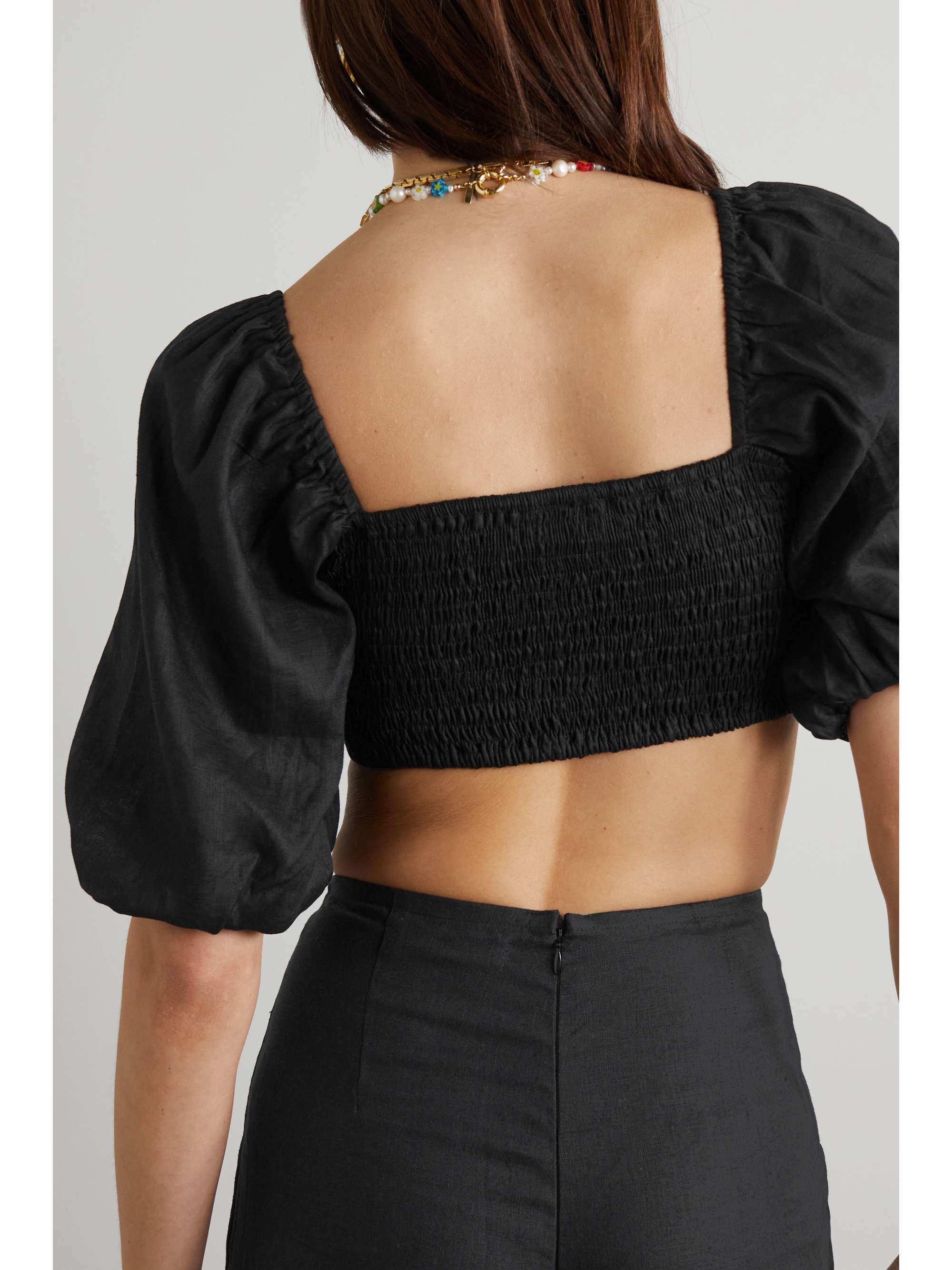 FAITHFULL La Marches cropped cutout shirred linen top
