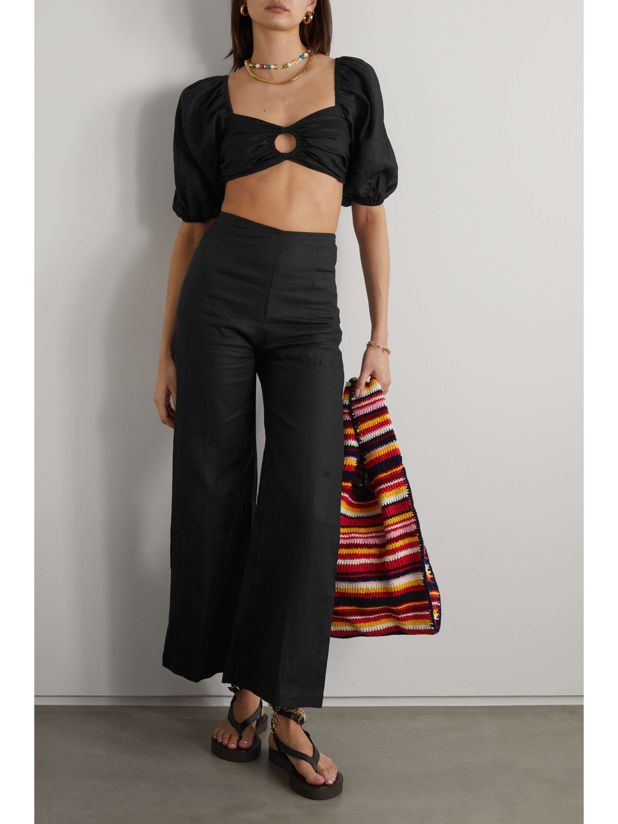 FAITHFULL La Marches cropped cutout shirred linen top