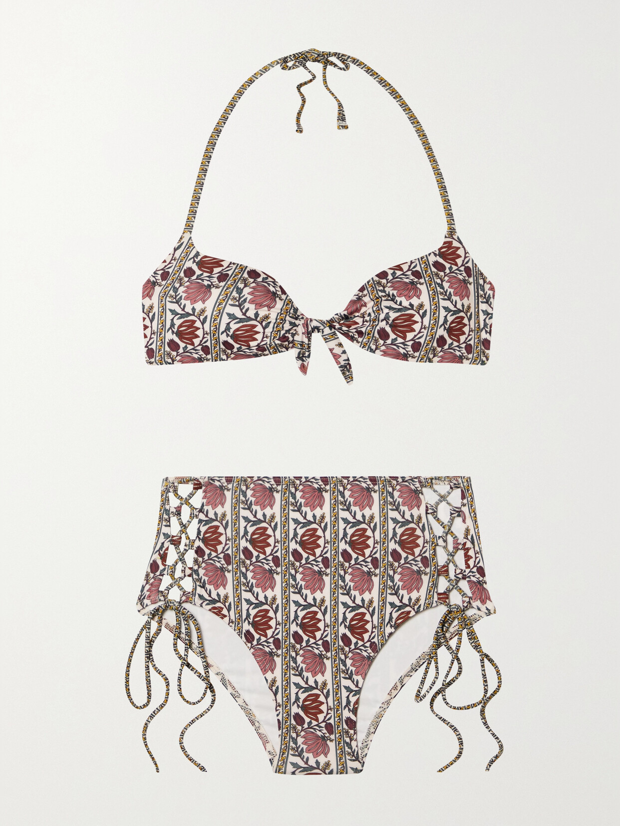 Hannah Artwear Bardot Lace-up Floral-print Halterneck Bikini In Cream