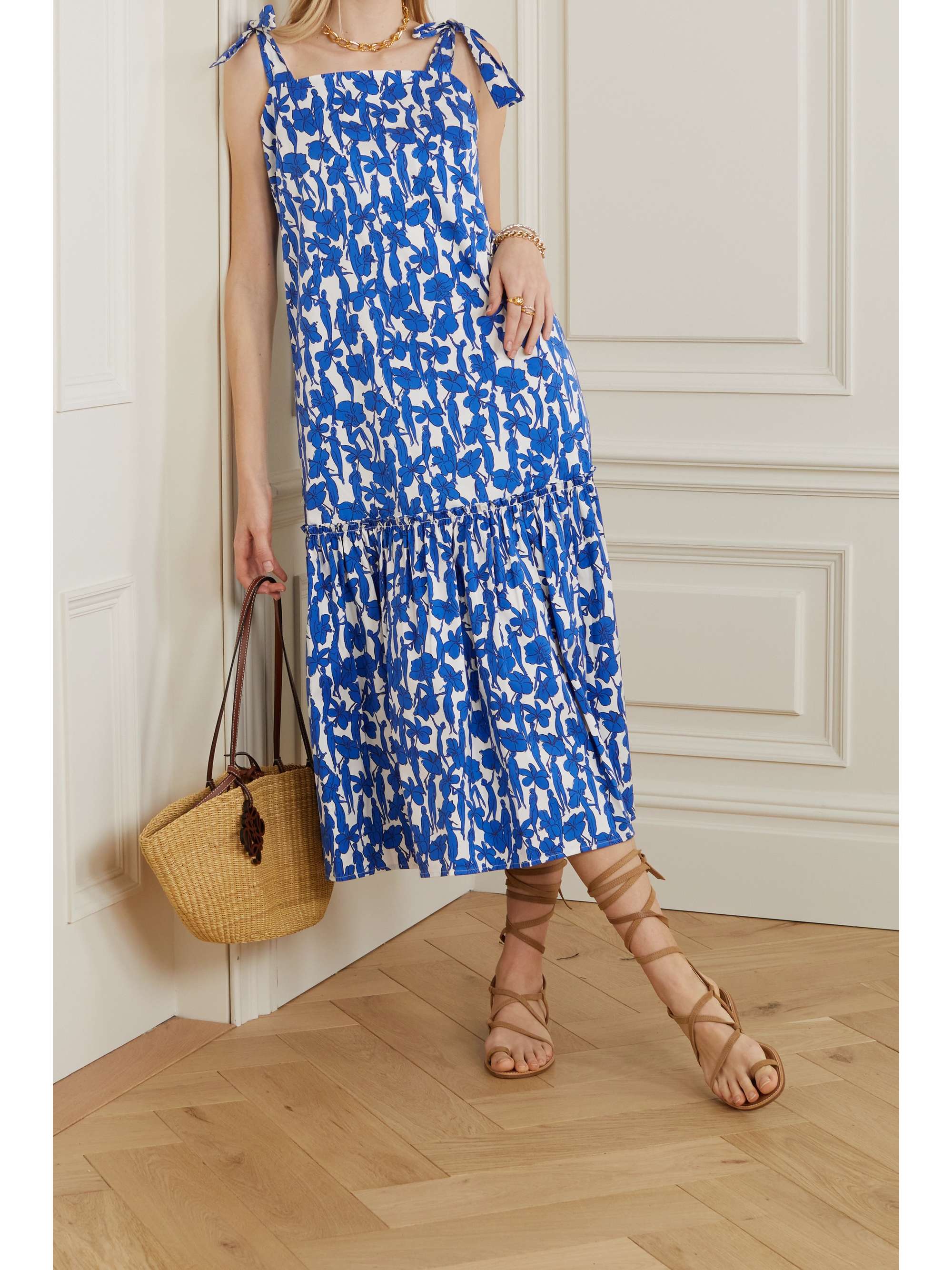 TORY BURCH Bow-detailed tiered gathered floral-print cotton-blend midi dress  | NET-A-PORTER