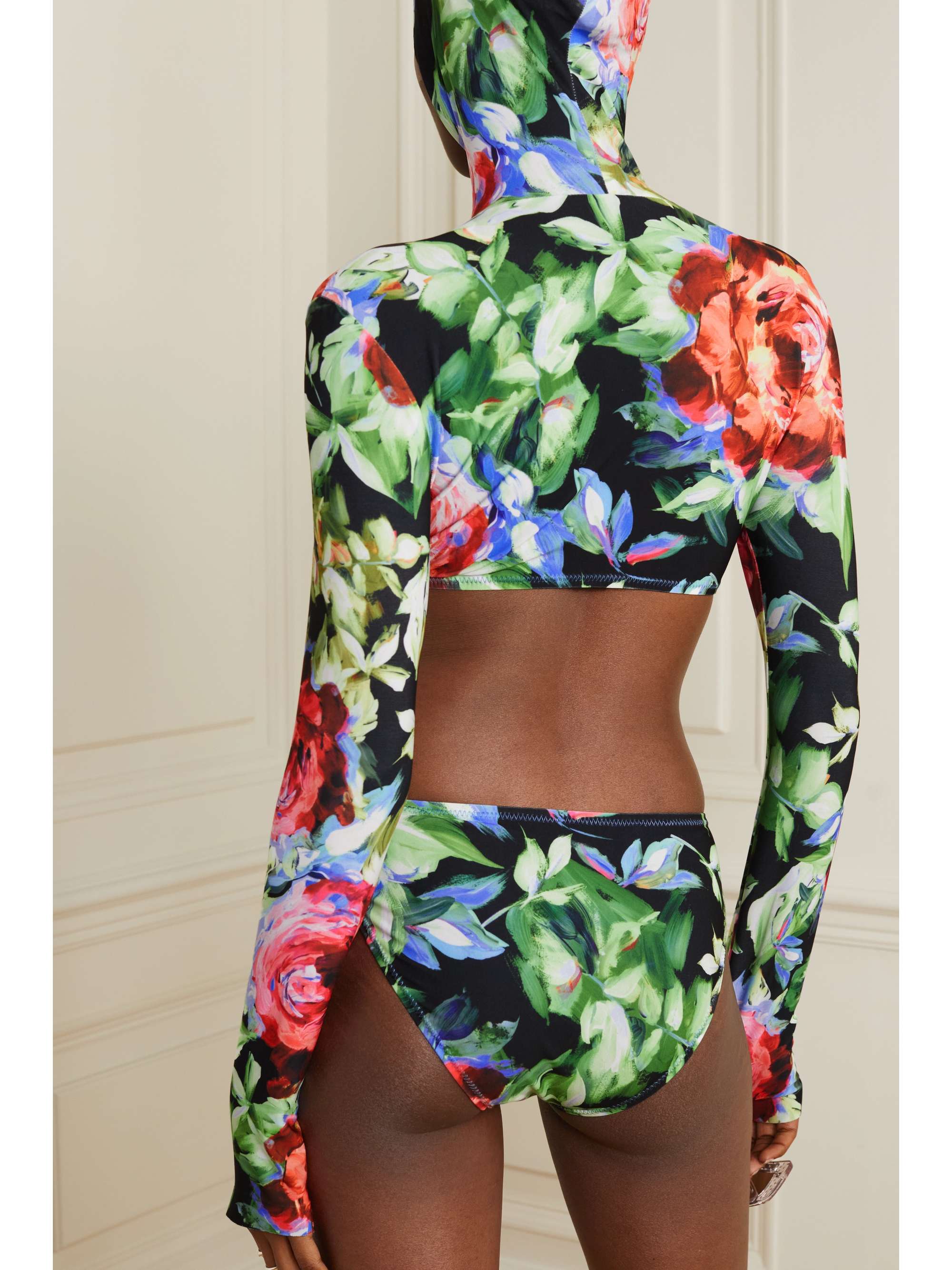 NORMA KAMALI Hooded cutout floral-print stretch-jersey bodysuit