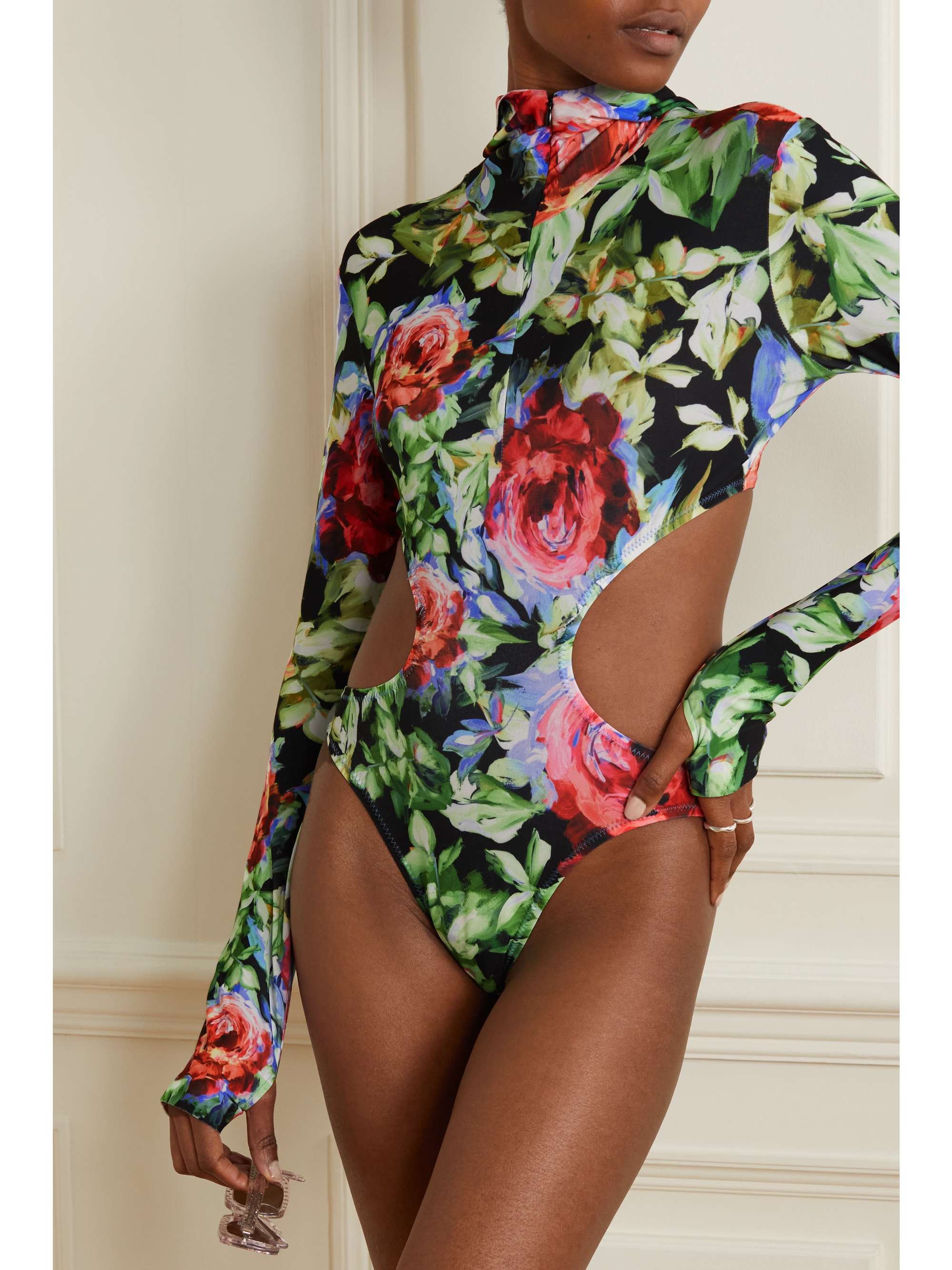 NORMA KAMALI Hooded cutout floral-print stretch-jersey bodysuit
