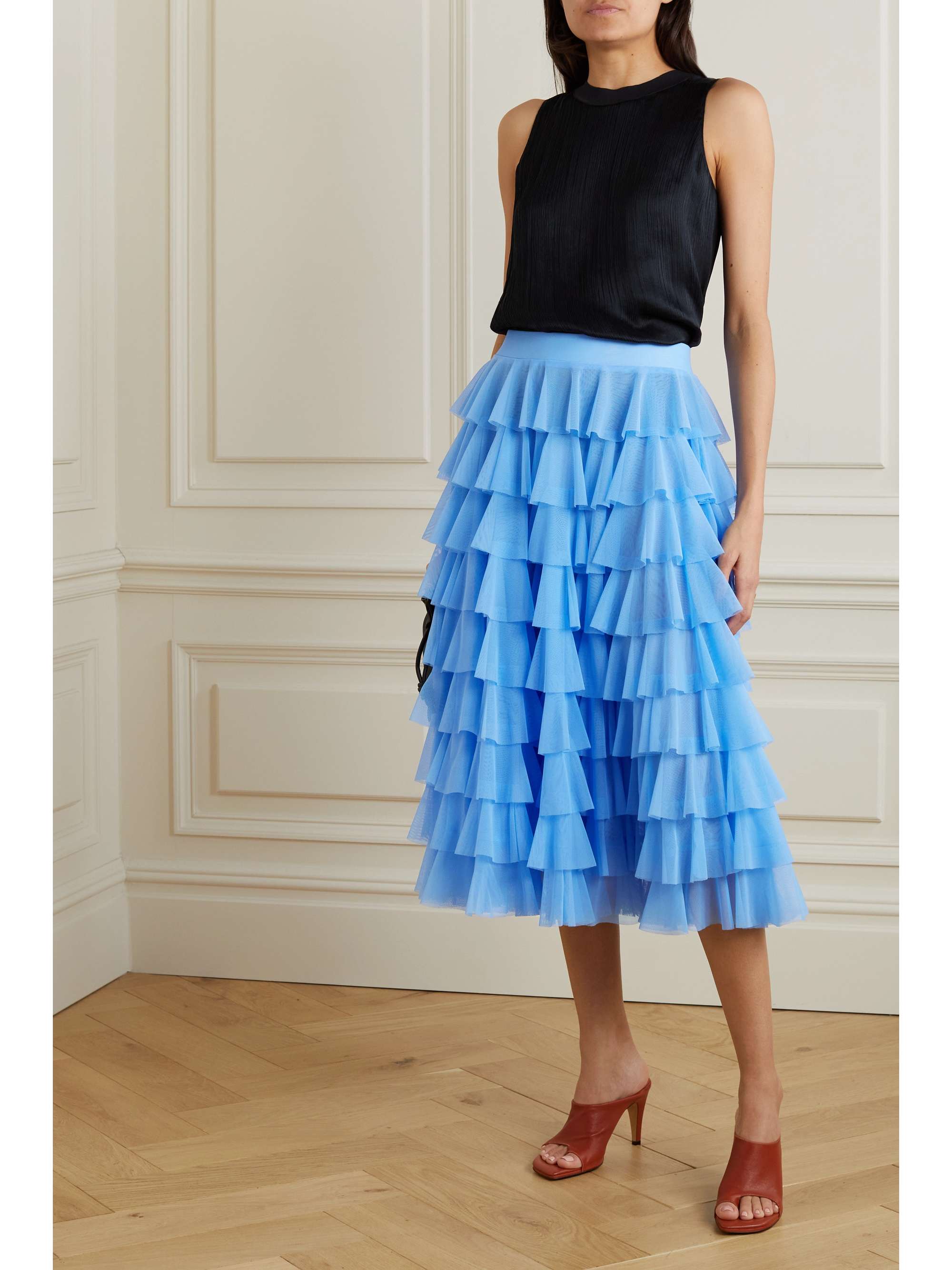 NORMA KAMALI Ruffled tiered tulle midi skirt