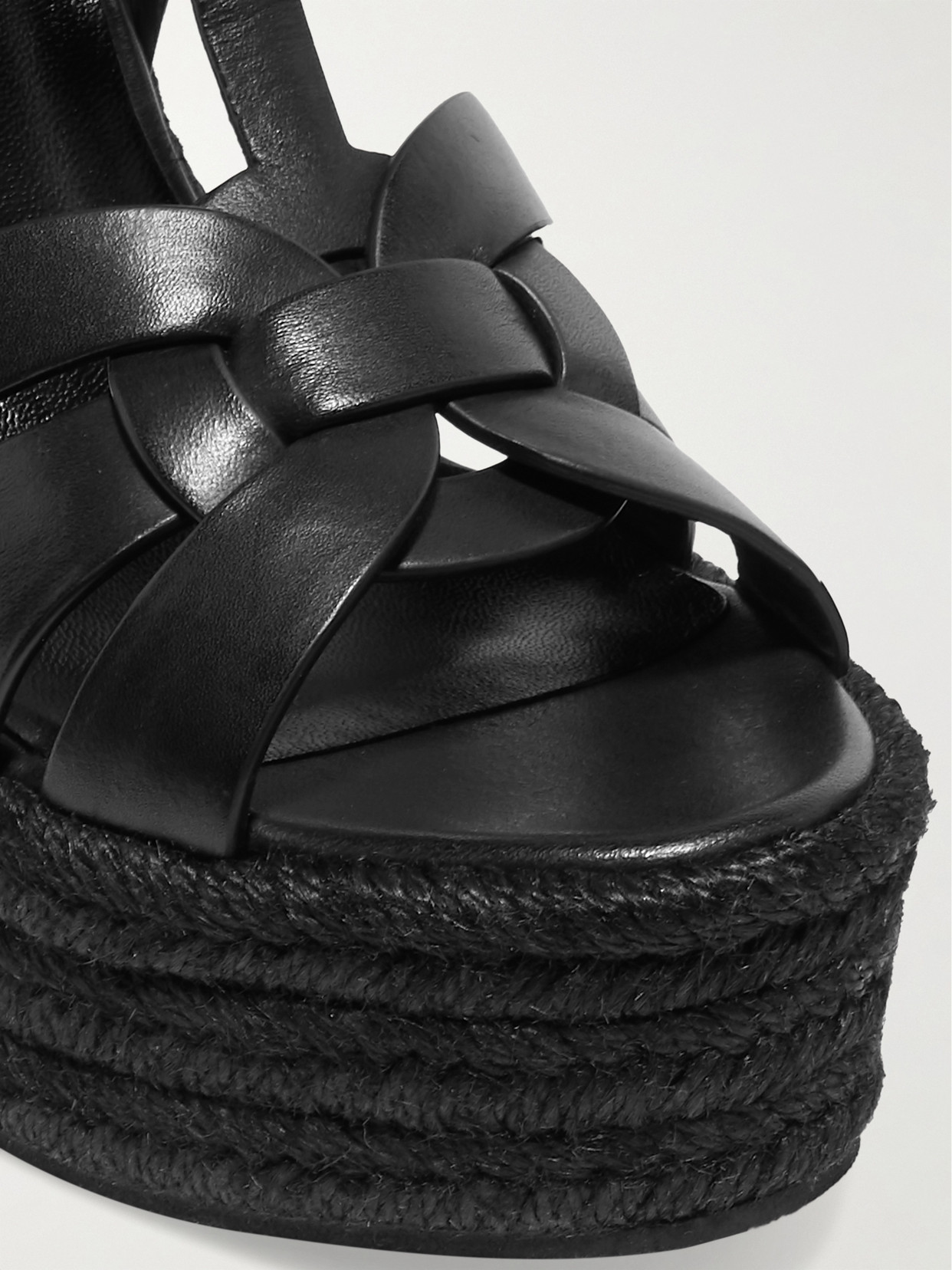 Shop Saint Laurent Tribute Woven Leather Espadrille Wedge Sandals In Black