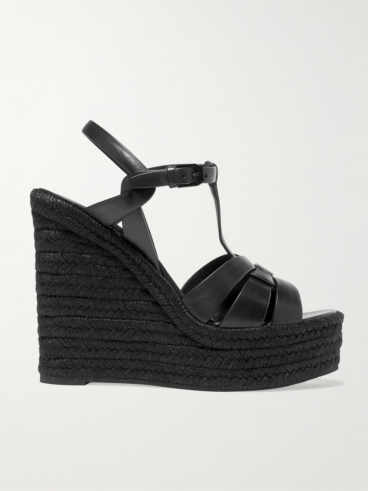 Shop Saint Laurent Tribute Woven Leather Espadrille Wedge Sandals In Black