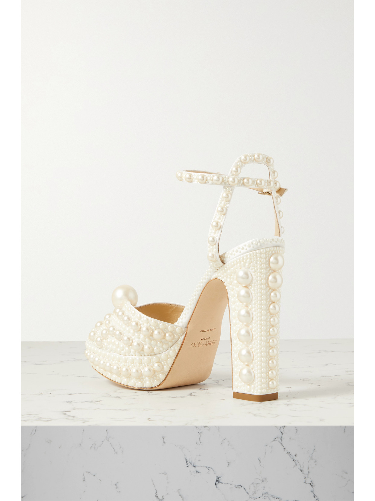 JIMMY CHOO SACARIA 120 EMBELLISHED SATIN PLATFORM SANDALS