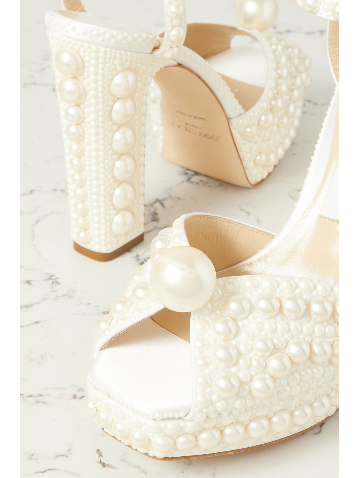 Shop Jimmy Choo Sacaria 120 Embellished Satin Platform Sandals In White