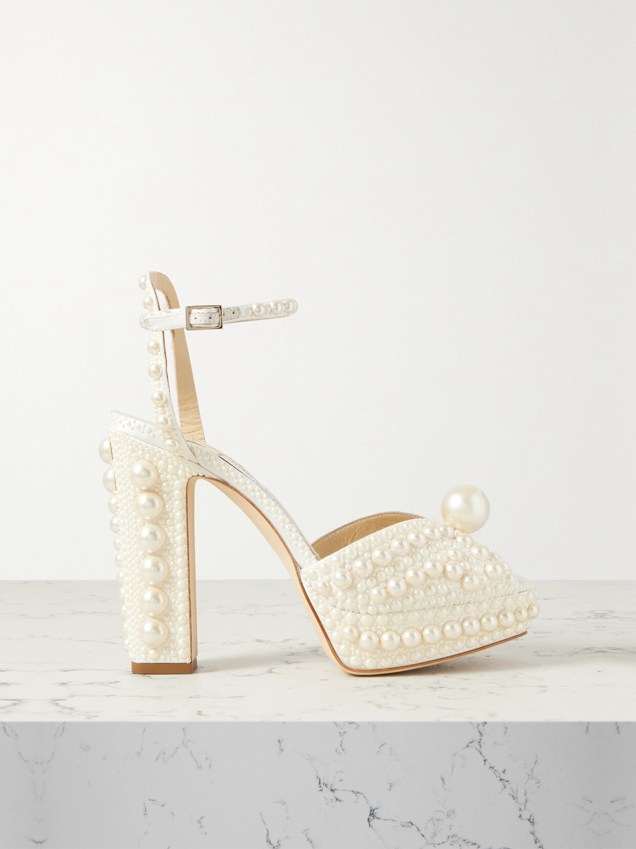 Shop Jimmy Choo Sacaria 120 Embellished Satin Platform Sandals In White