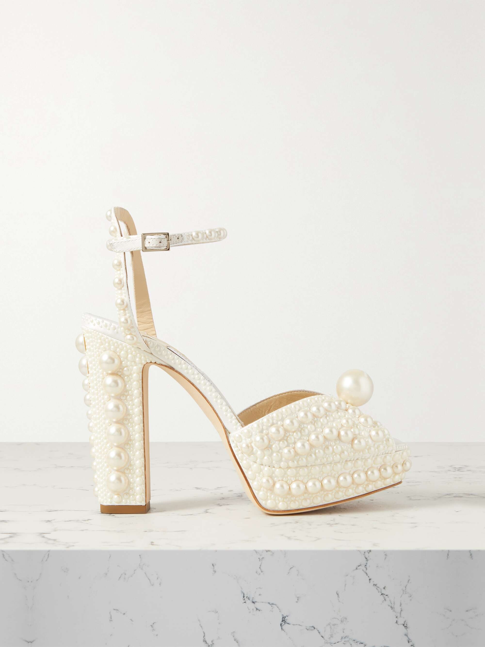 JIMMY CHOO Sacaria Pearl-Embellished Satin Platform Sandals