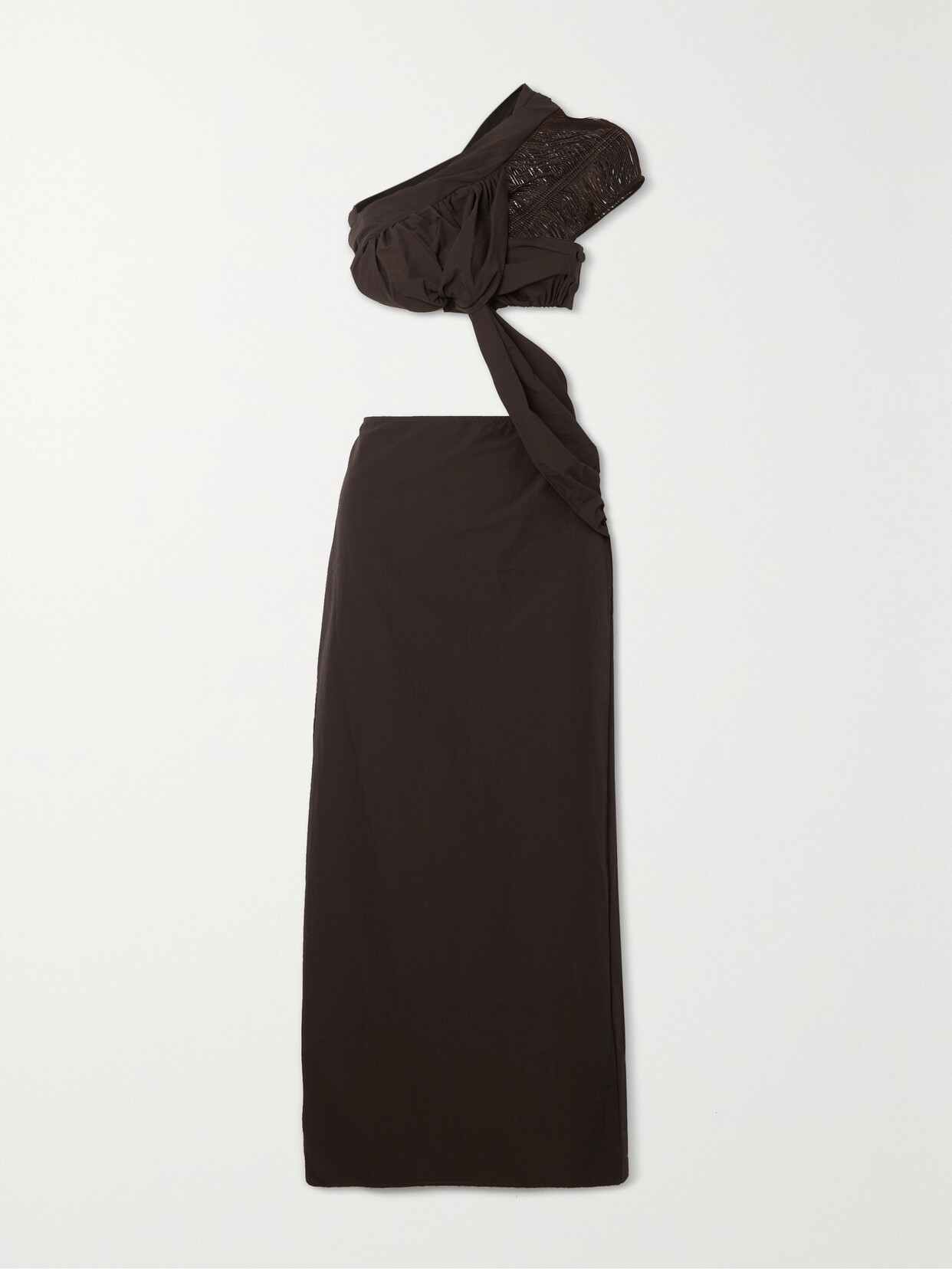 Christopher Esber - Asymmetric Cutout Fringed Gathered Crepe Maxi Dress - Brown