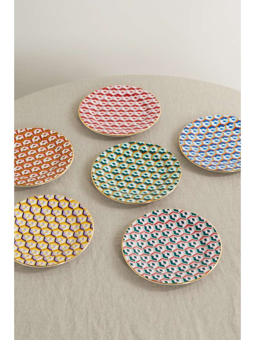 La DoubleJ Set Of Six 20cm Gold-plated Porcelain Dessert Plates