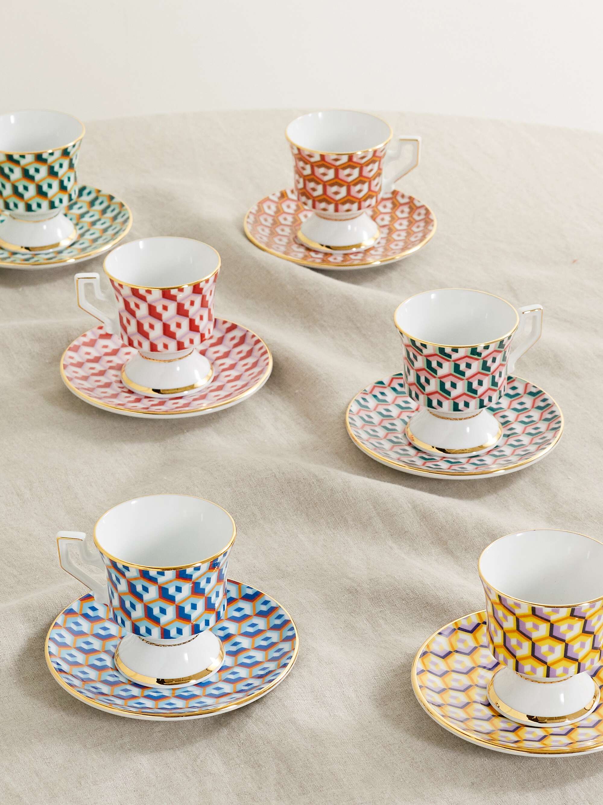 LA DOUBLEJ Set of six gold-plated porcelain espresso cups and saucers