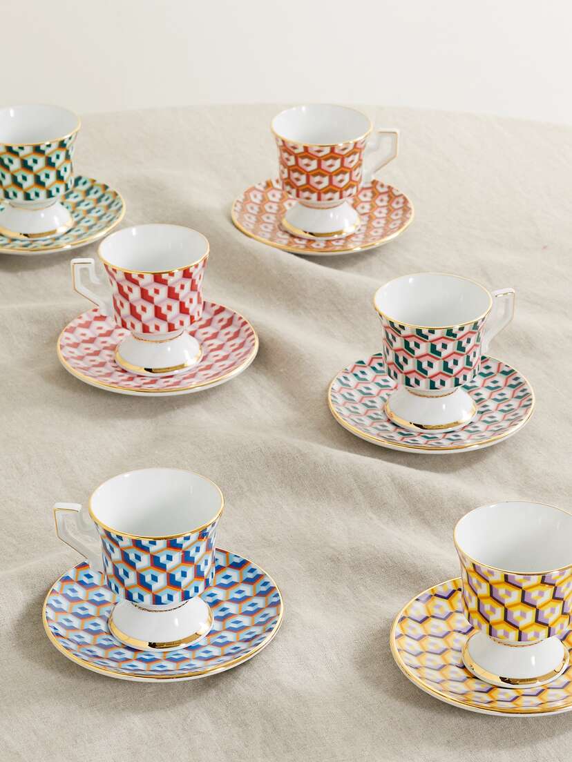 La DoubleJ Set Of Six Gold-plated Porcelain Espresso Cups And Saucers