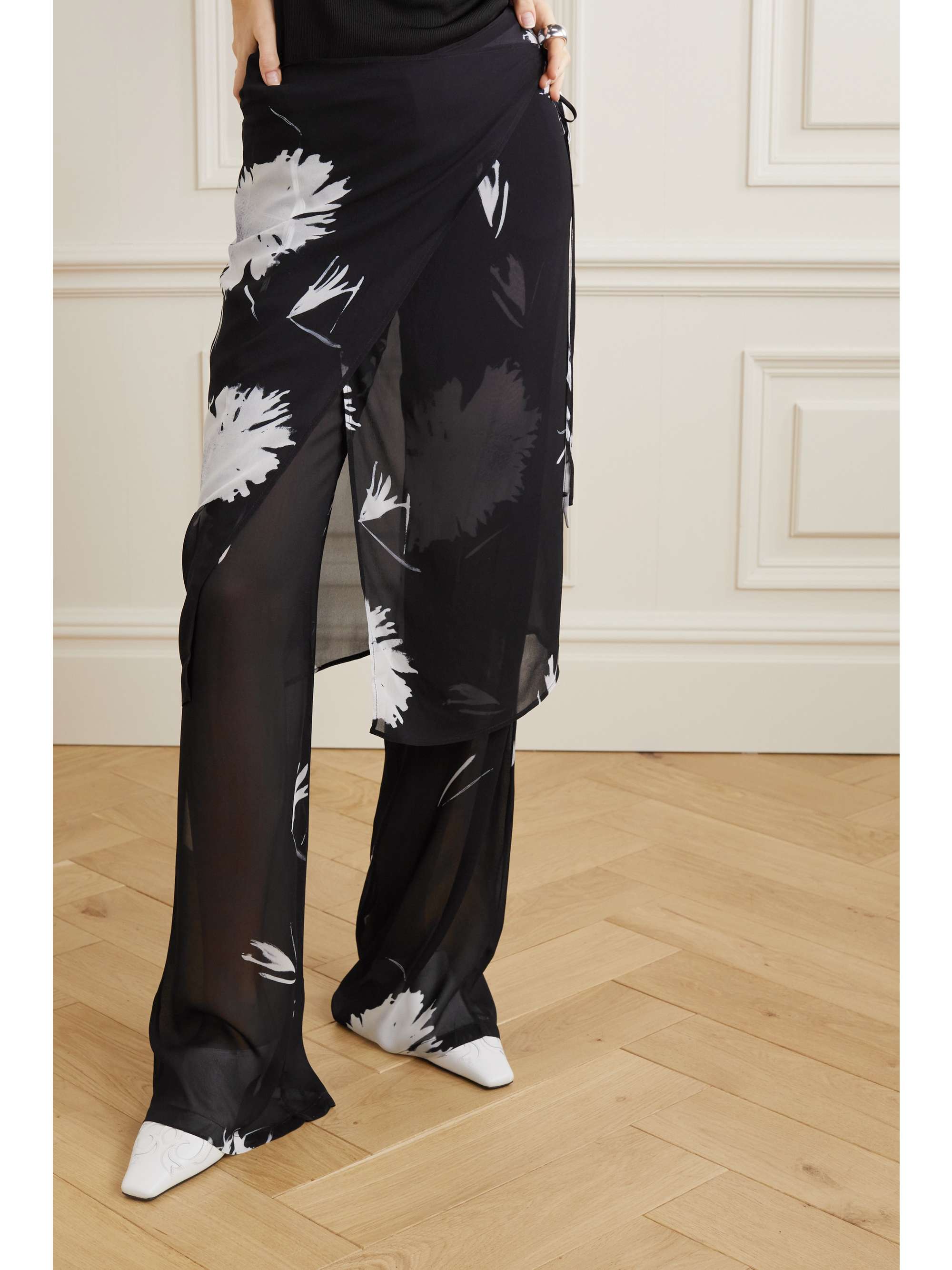 IOANNES Layered floral-print chiffon flared pants
