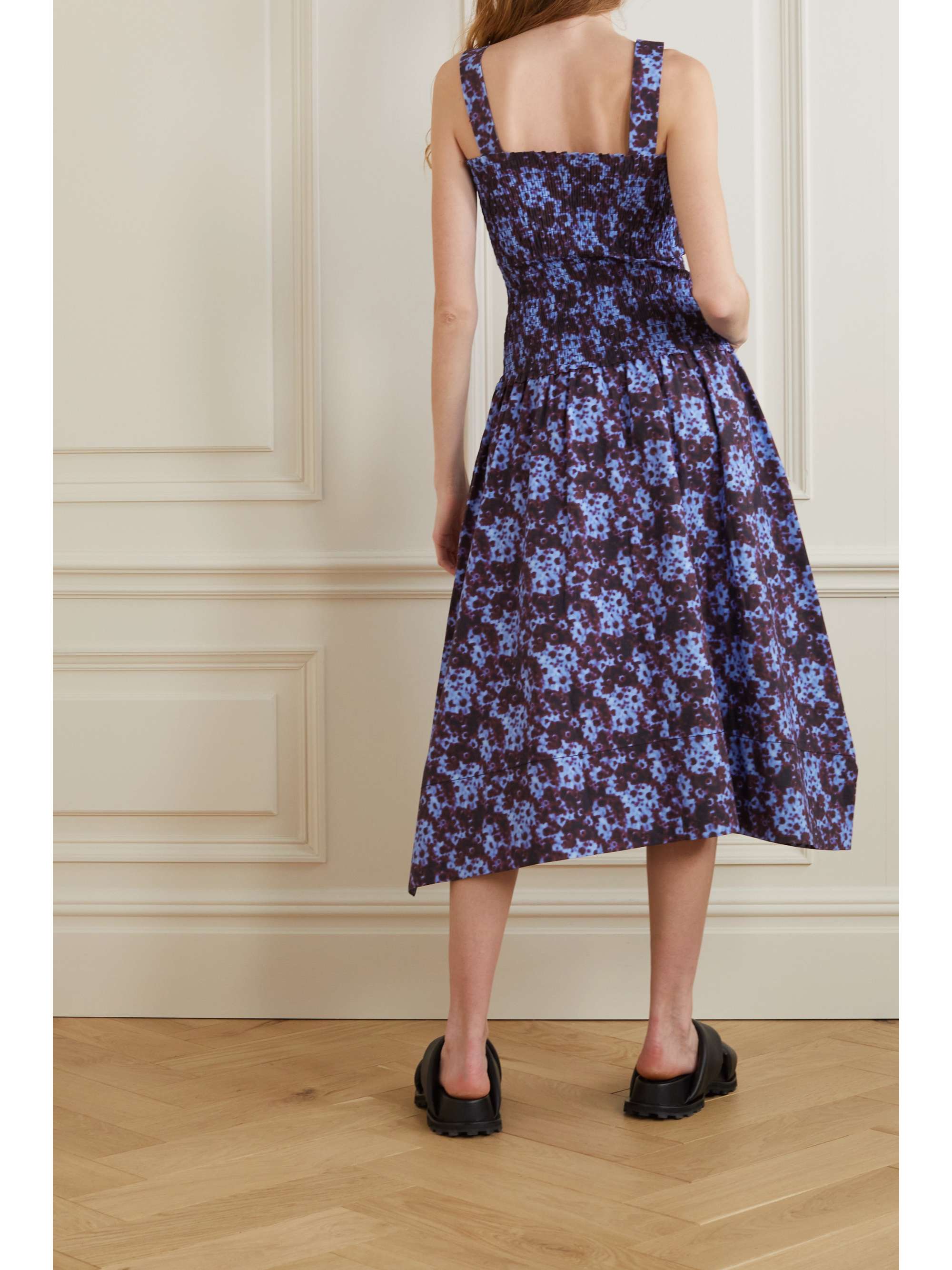 Blue Printed smocked cotton-poplin midi dress | PROENZA SCHOULER WHITE LABEL | NET-A-PORTER