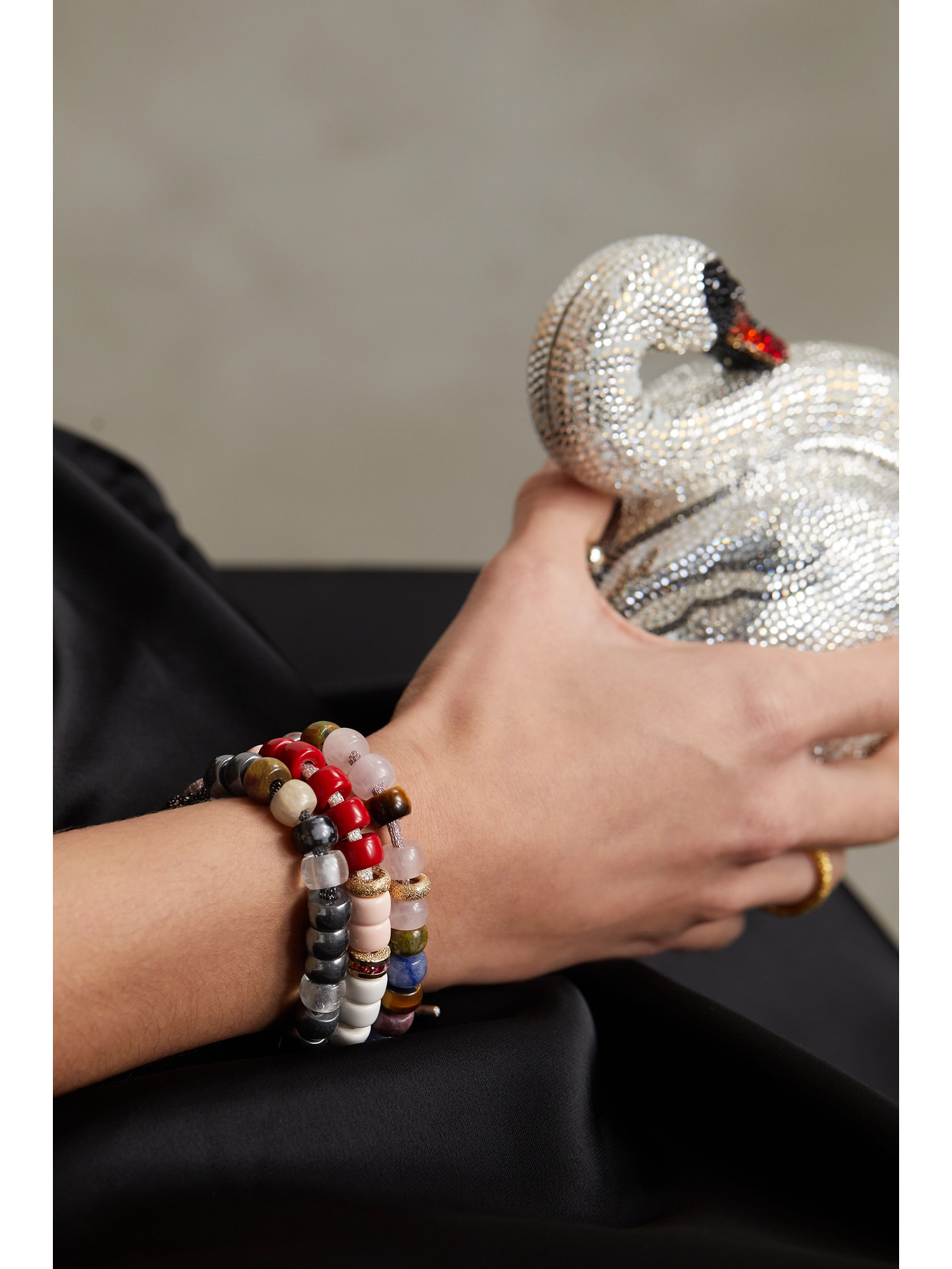 CAROLINA BUCCI + JUDITH LEIBER FORTE BEADS 18-KARAT WHITE GOLD AND LUREX MULTI-STONE BRACELET