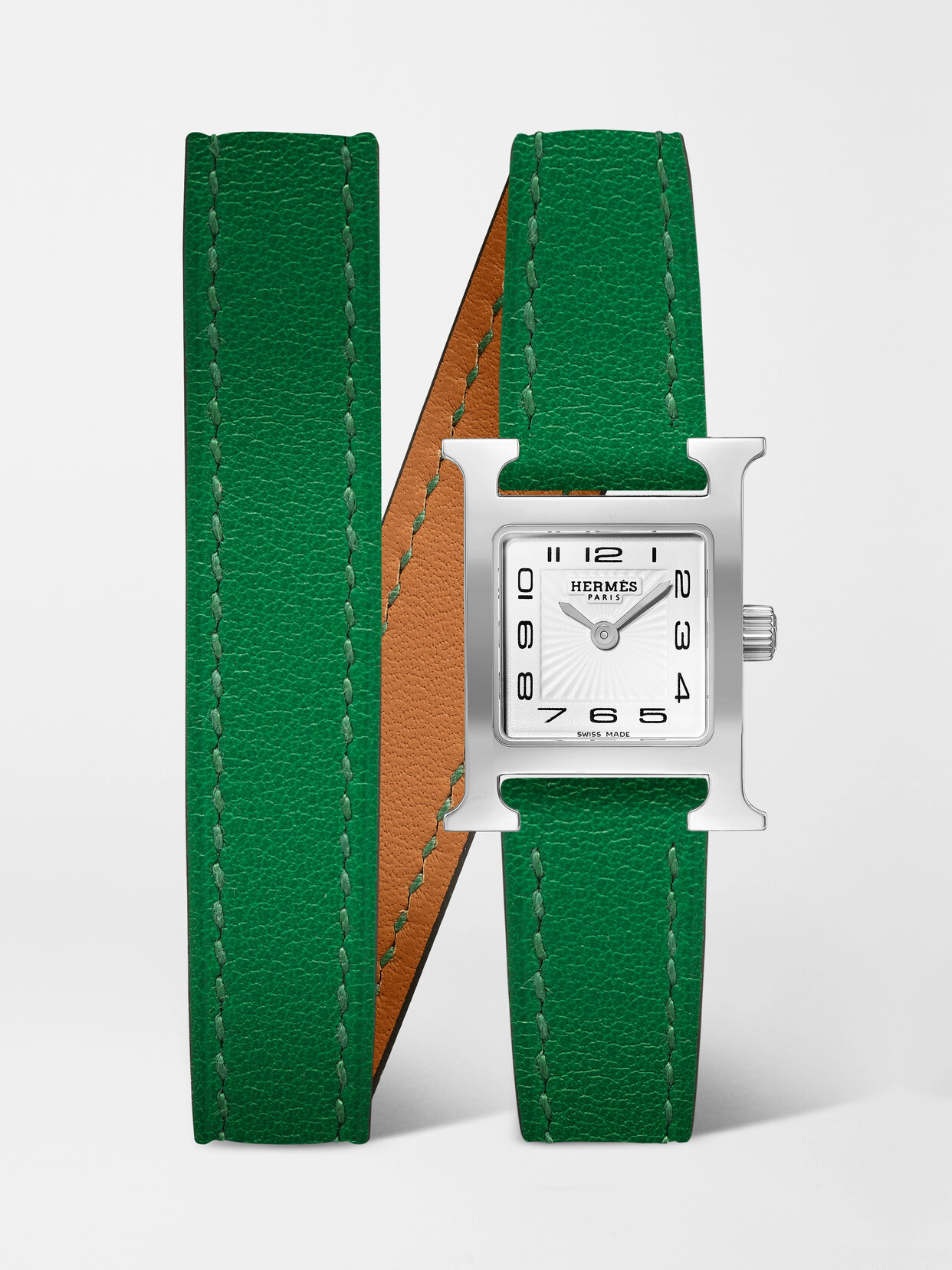 Hermès Timepieces Heure H Double Tour 17.2mm Very Small Stainless Steel And Leather Watch In Green