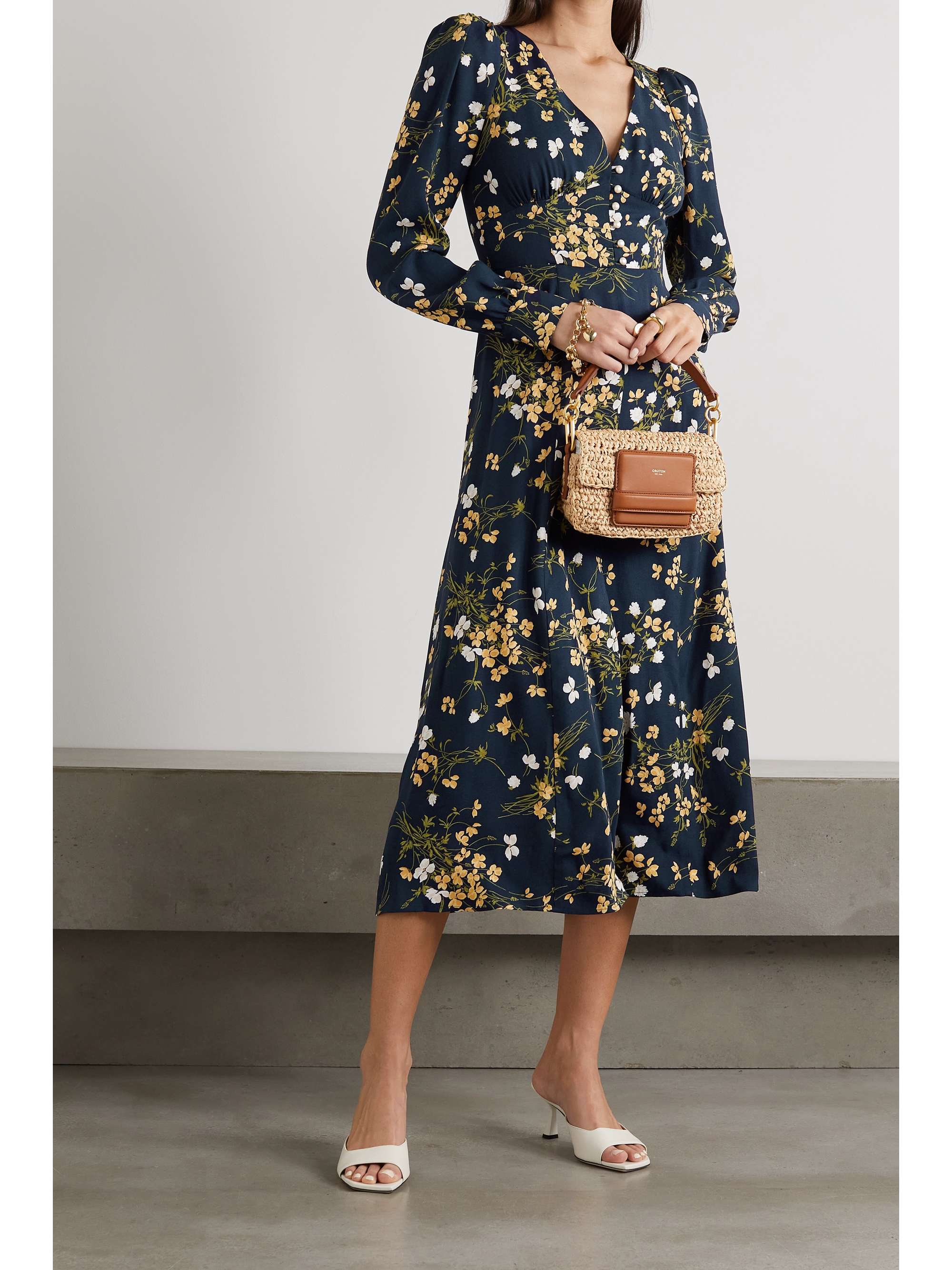 Navy Everett floral-print crepe midi dress | REFORMATION | NET-A-PORTER