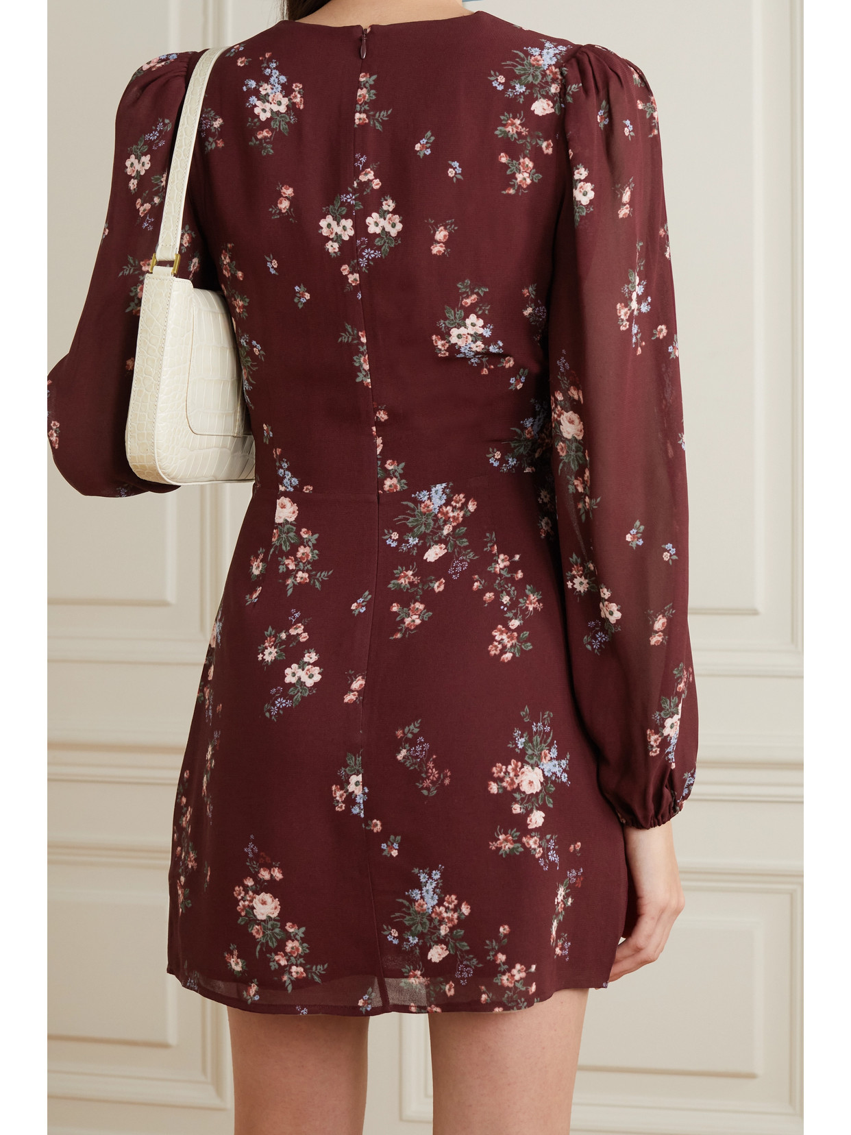 REFORMATION TERRI VELVET-TRIMMED CUTOUT FLORAL-PRINT GEORGETTE MINI DRESS