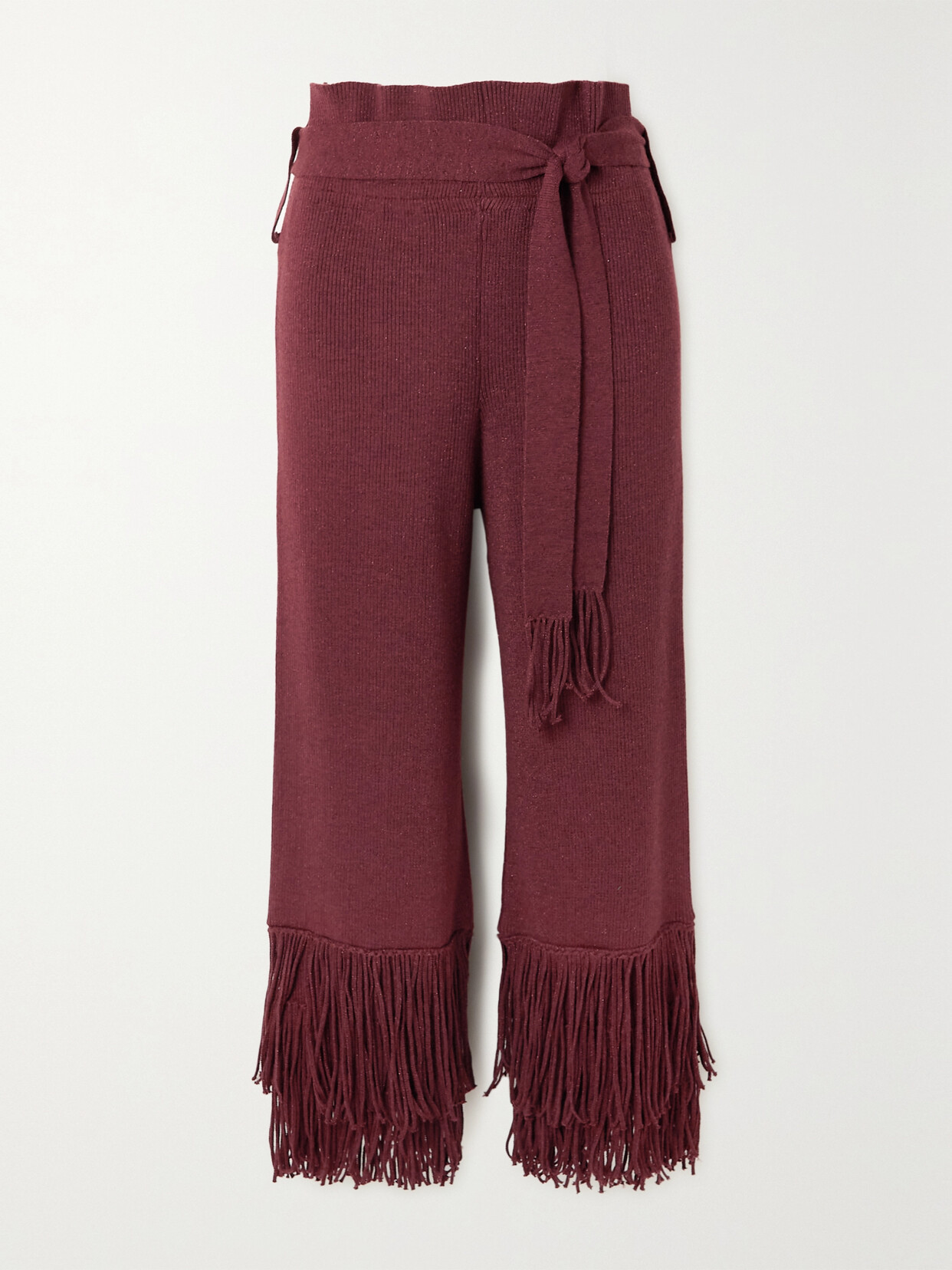 Lukhanyo Mdingi Belted Fringed Metallic Ribbed Merino Wool-blend Wide-leg Pants - Burgundy