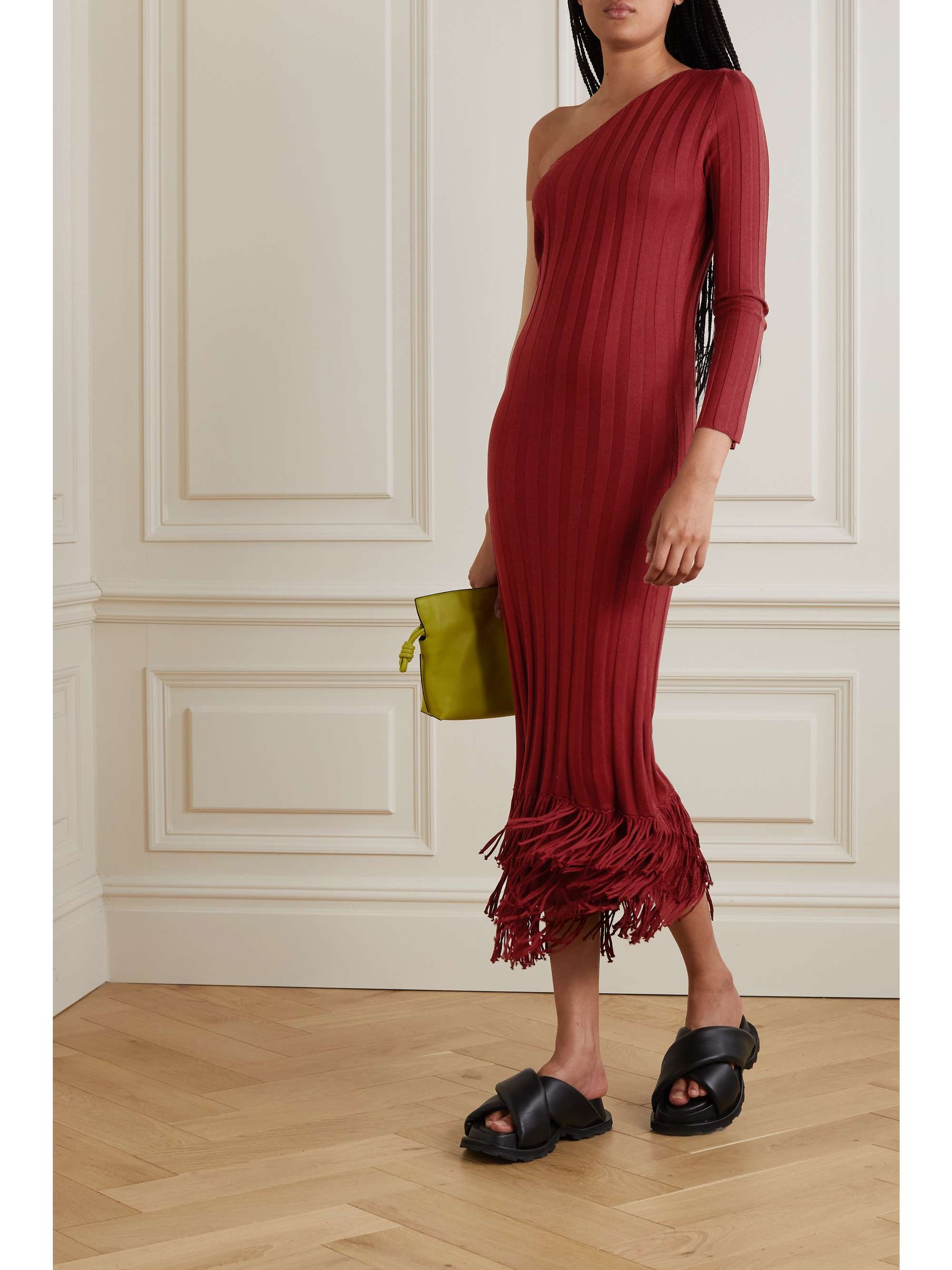 One-shoulder fringed ribbed silk maxi dress