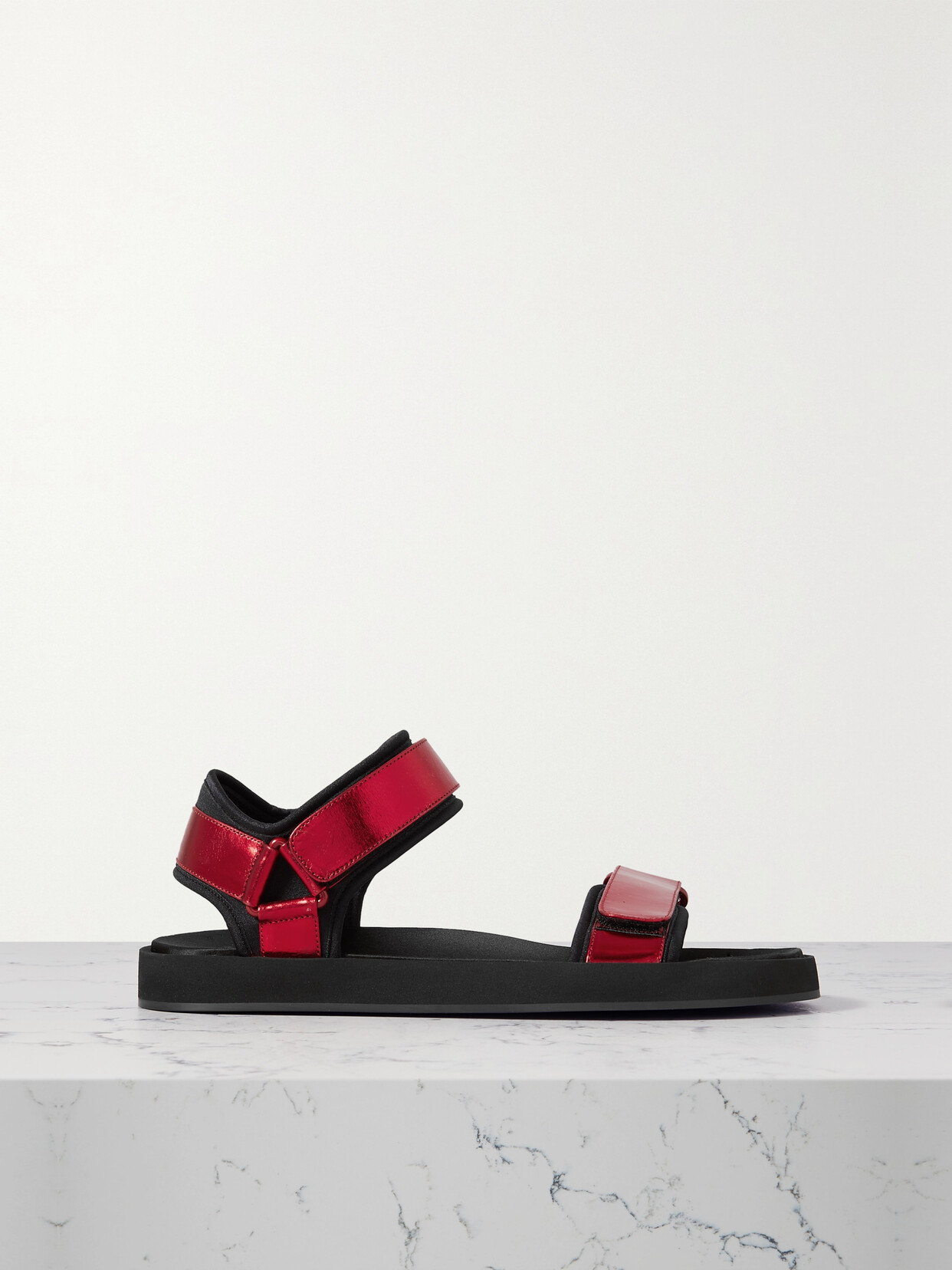 THE ROW HOOK AND LOOP METALLIC LEATHER AND STRETCH SANDALS