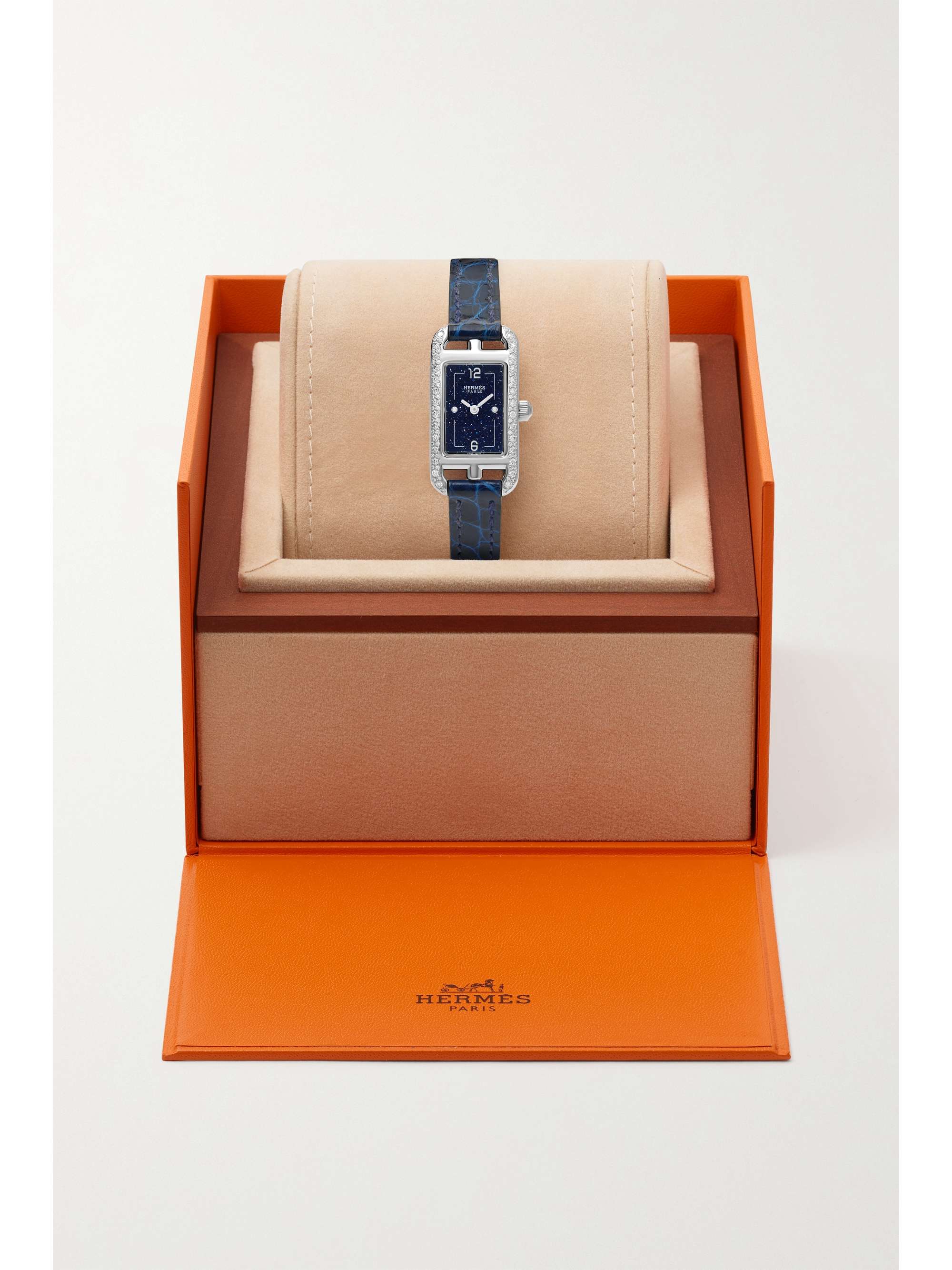 HERMÈS TIMEPIECES Montre en acier inoxydable et diamants à bracelet en alligator Nantucket Serti Joaillier Small, 29 mm