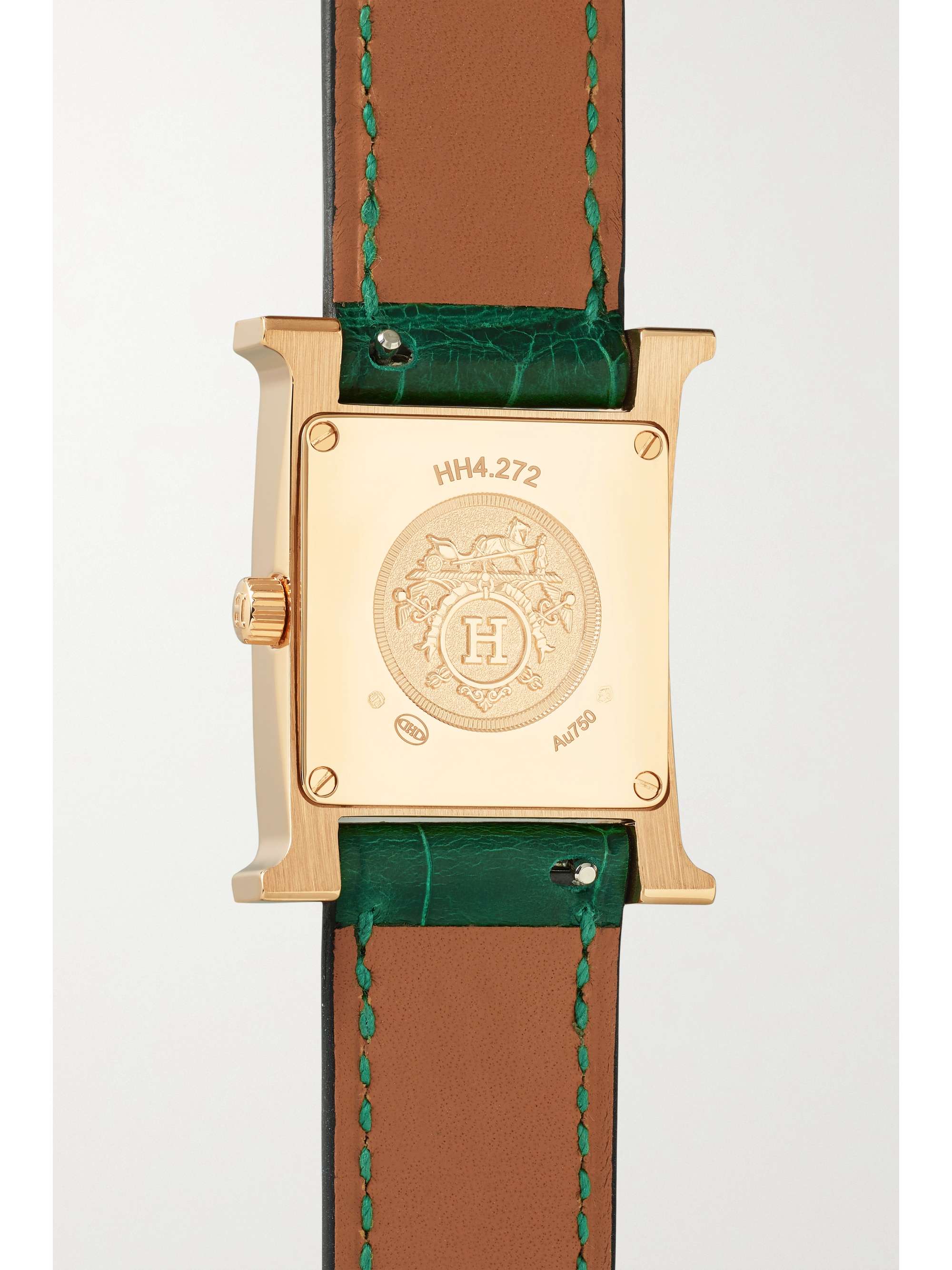 HERMÈS TIMEPIECES ساعة Heure H‏ صغيرة 21 مم من الذهب الوردي 18 قيراط، جلد التمساح، المالاكيت والألماس