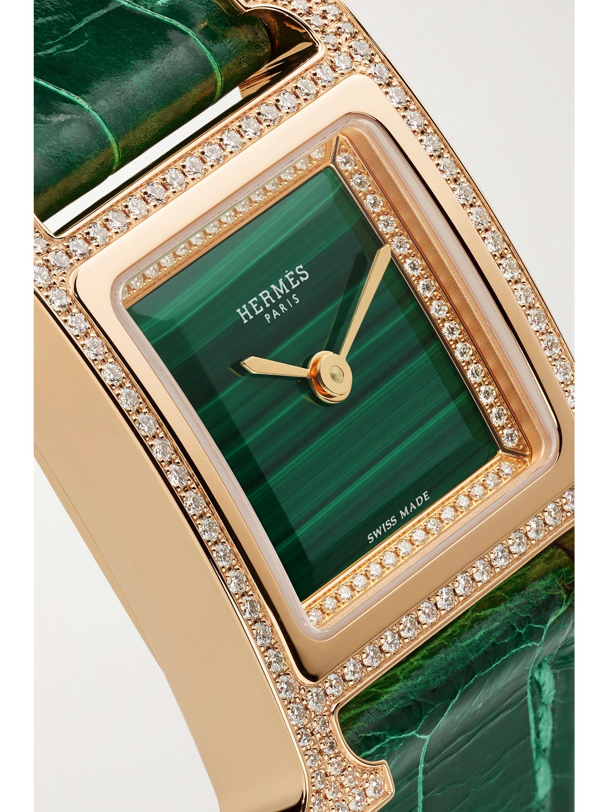 HERMÈS TIMEPIECES ساعة Heure H‏ صغيرة 21 مم من الذهب الوردي 18 قيراط، جلد التمساح، المالاكيت والألماس
