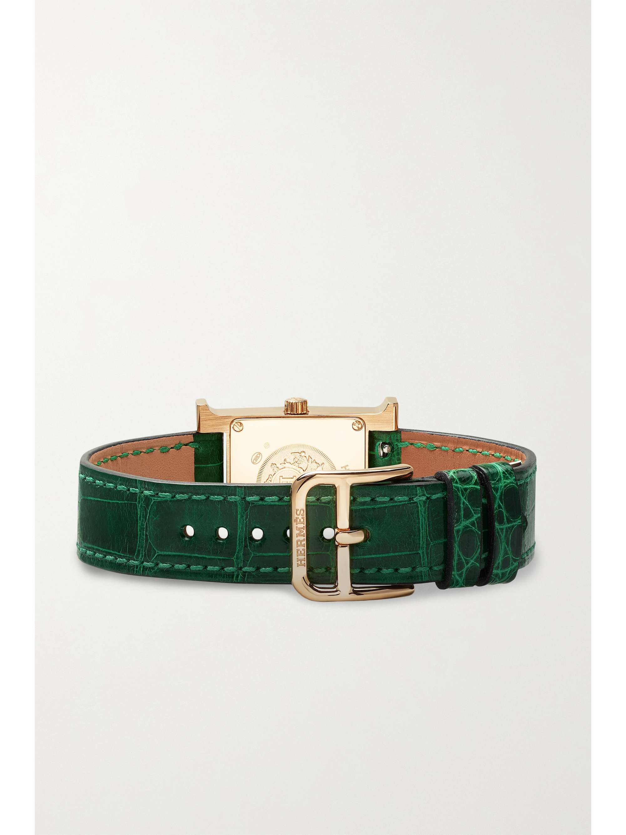 HERMÈS TIMEPIECES ساعة Heure H‏ صغيرة 21 مم من الذهب الوردي 18 قيراط، جلد التمساح، المالاكيت والألماس