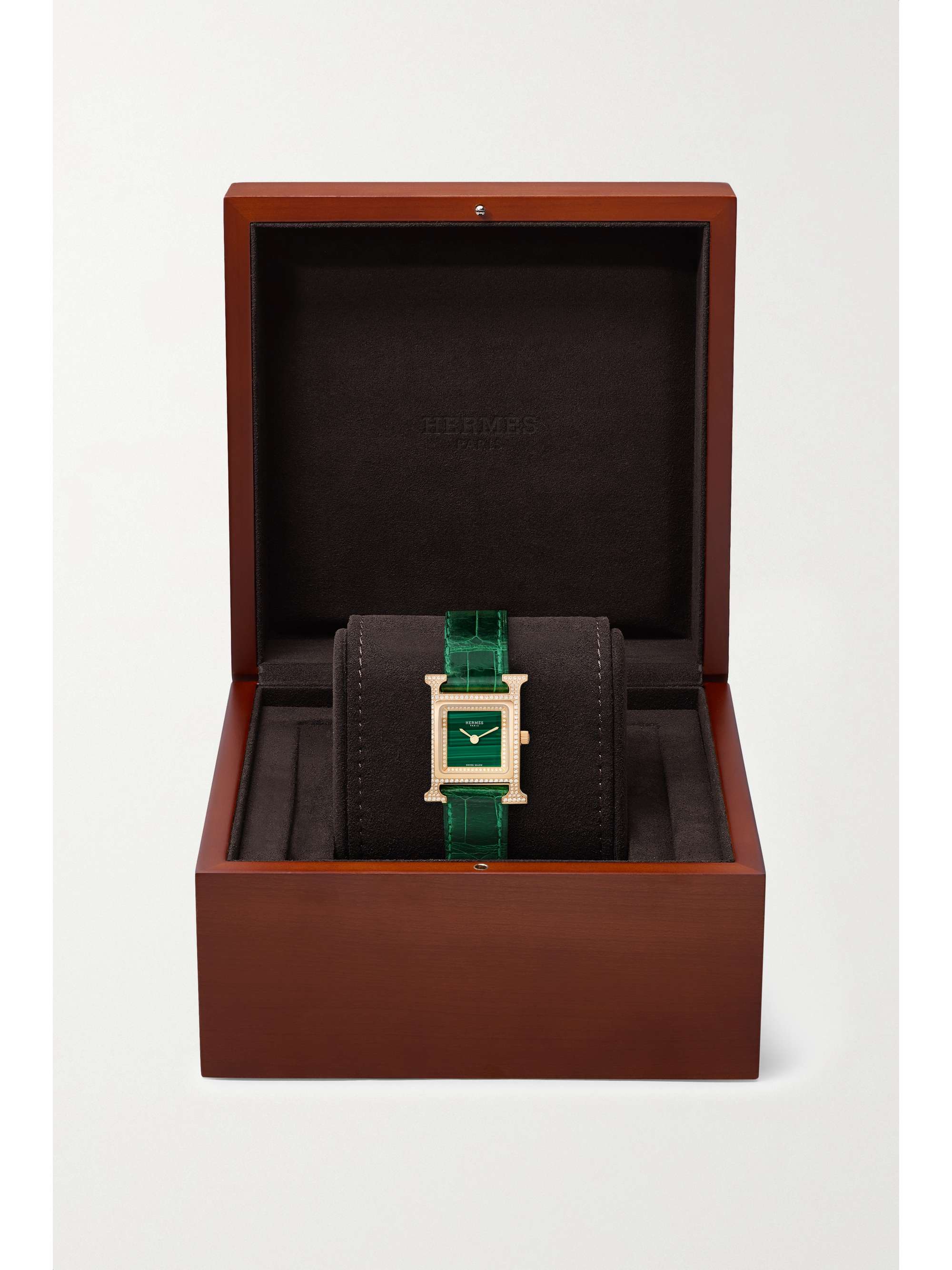 HERMÈS TIMEPIECES ساعة Heure H‏ صغيرة 21 مم من الذهب الوردي 18 قيراط، جلد التمساح، المالاكيت والألماس