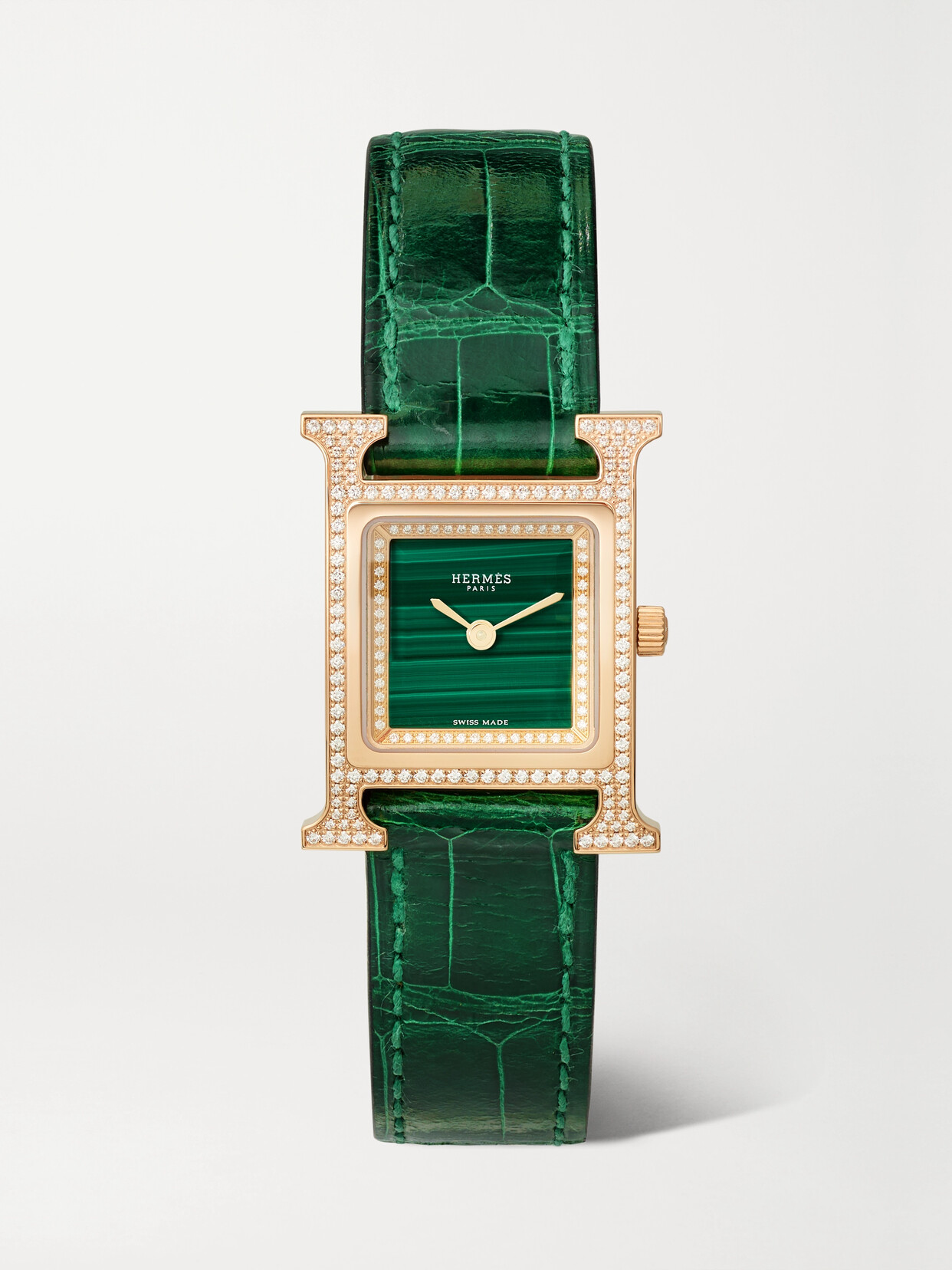 Hermès Timepieces - Heure H 25mm Small 18-karat Rose Gold, Alligator, Malachite And Diamond Watch - Green