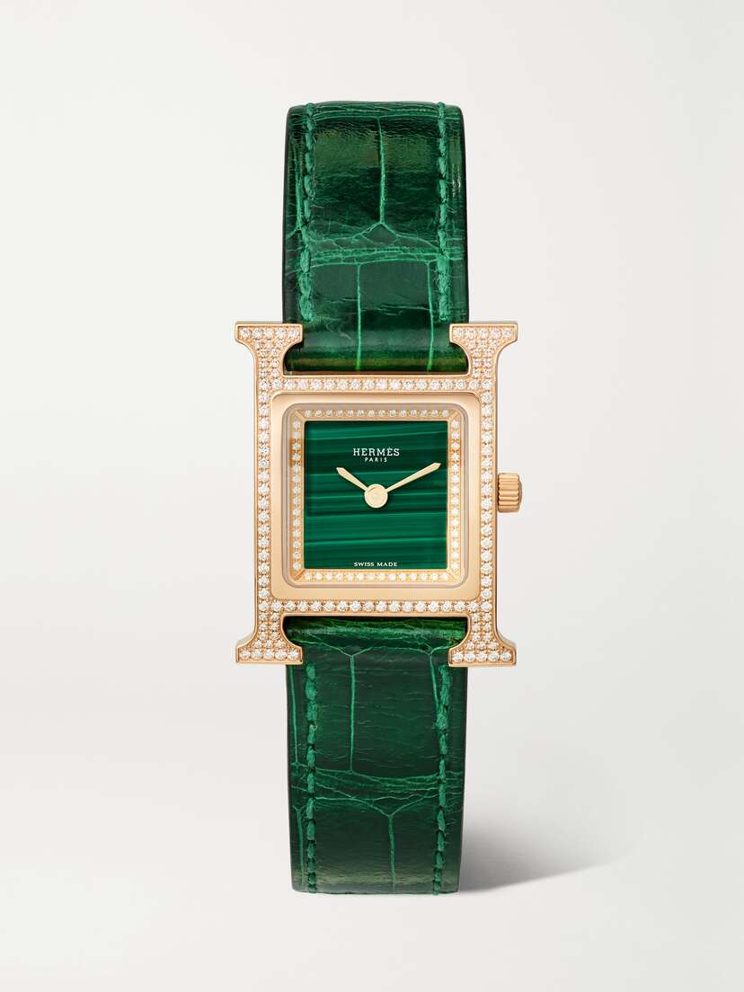 Hermès Timepieces Heure H 25mm Small 18-karat Rose Gold, Alligator, Malachite And Diamond Watch