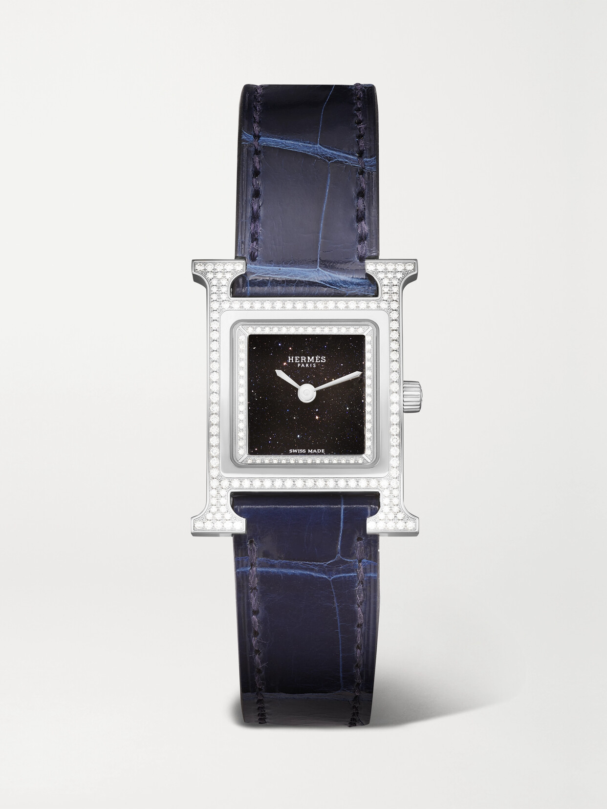 Hermès Timepieces Heure H 25mm Small Stainless Steel, Alligator And Diamond Watch In Blue