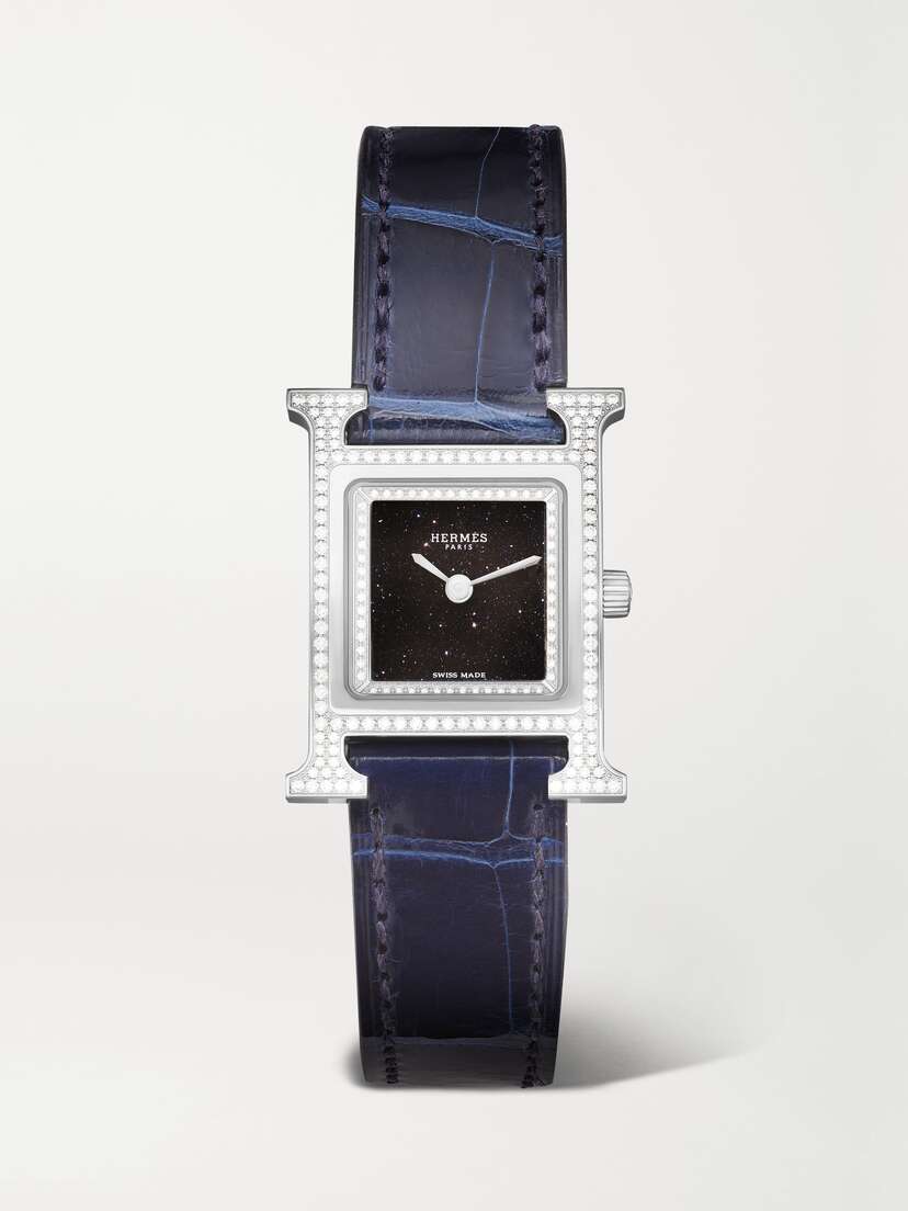 Hermès Timepieces Heure H 25mm Small Stainless Steel, Alligator And Diamond Watch